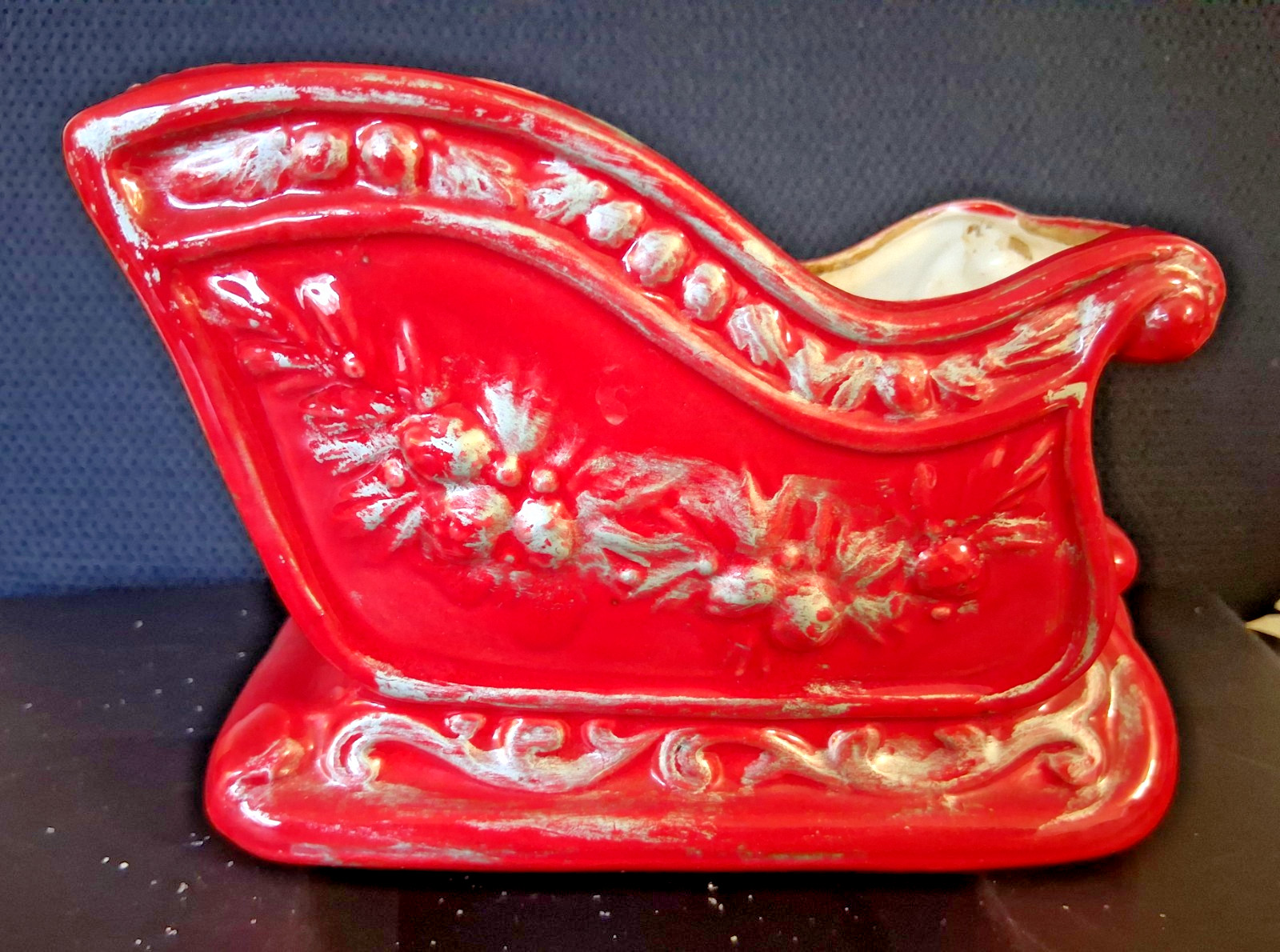 Vintage Christmas Ceramic Sleigh Planter Red with Silver Trim