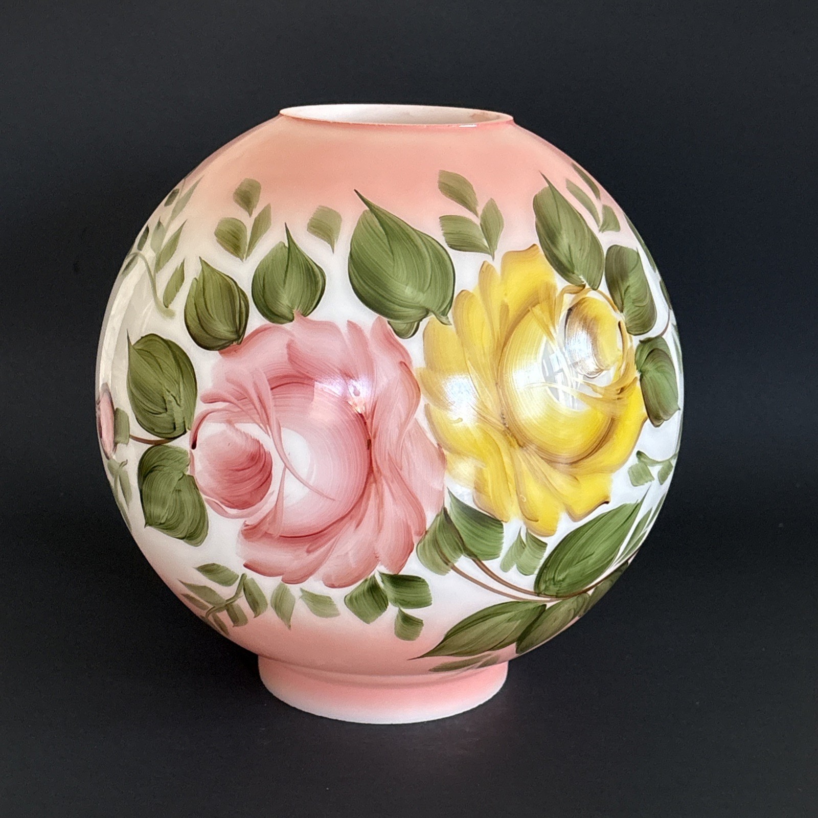 Vintage 9” Hand Painted Pink Tint Glass Round Ball Globe Hurricane Lamp Shade