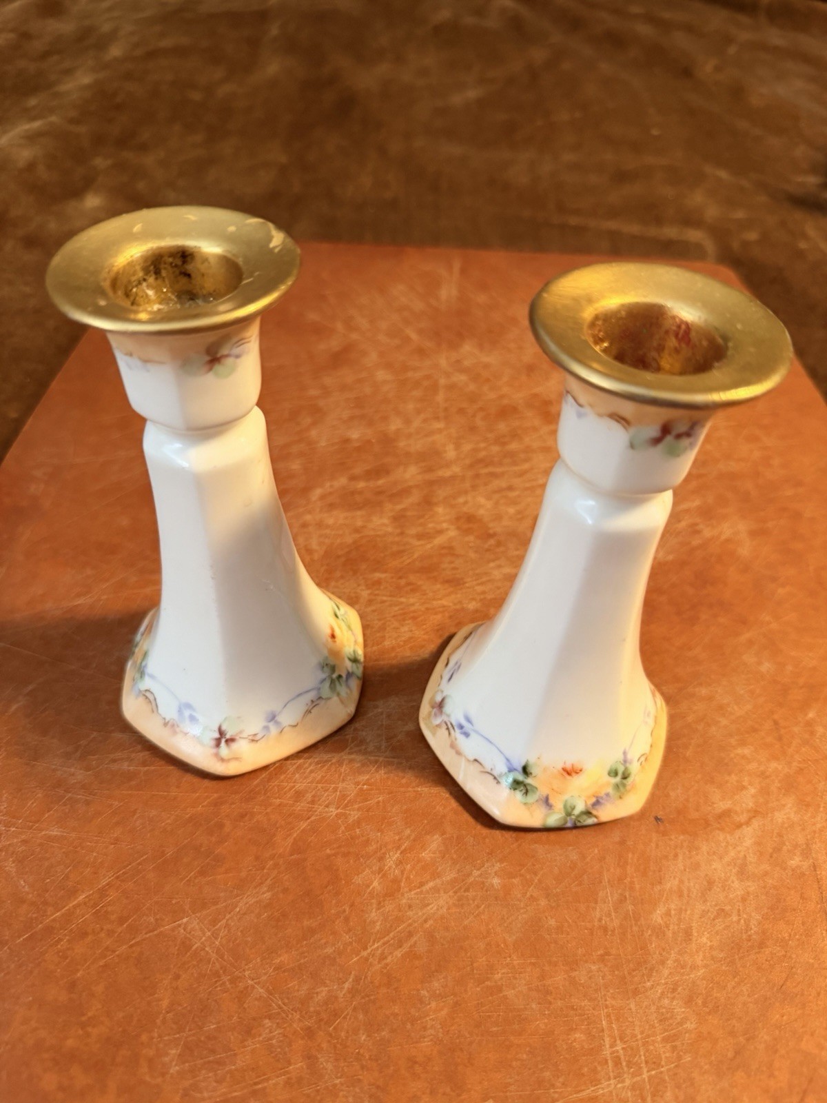Antique PL Limoges France Porcelain Candlesticks Pair Hand Painted Gold 5.5\