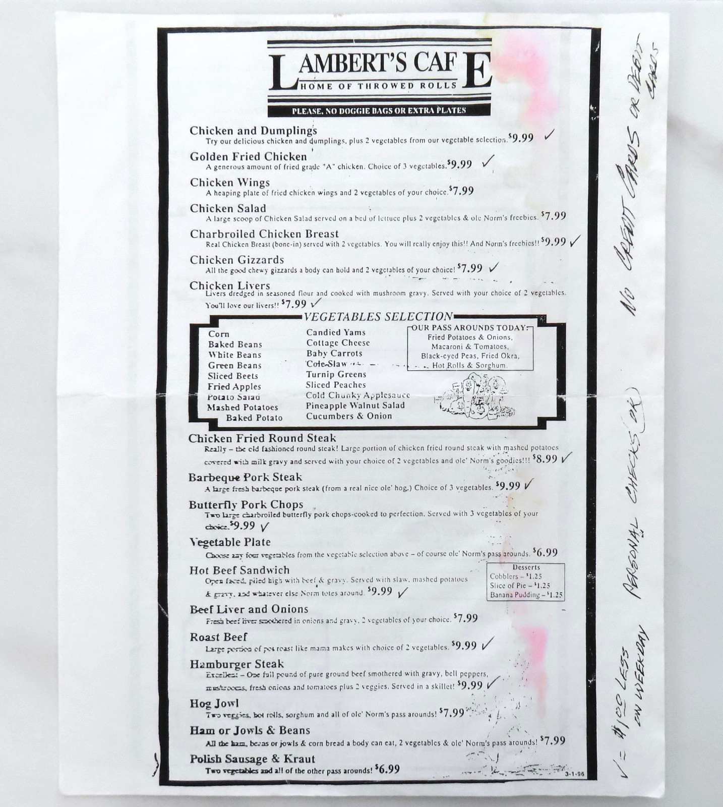 Lambert\'s Cafe Menu Vintage 1996 90s Restaurant Home Of Throwed Rolls Alabama AL