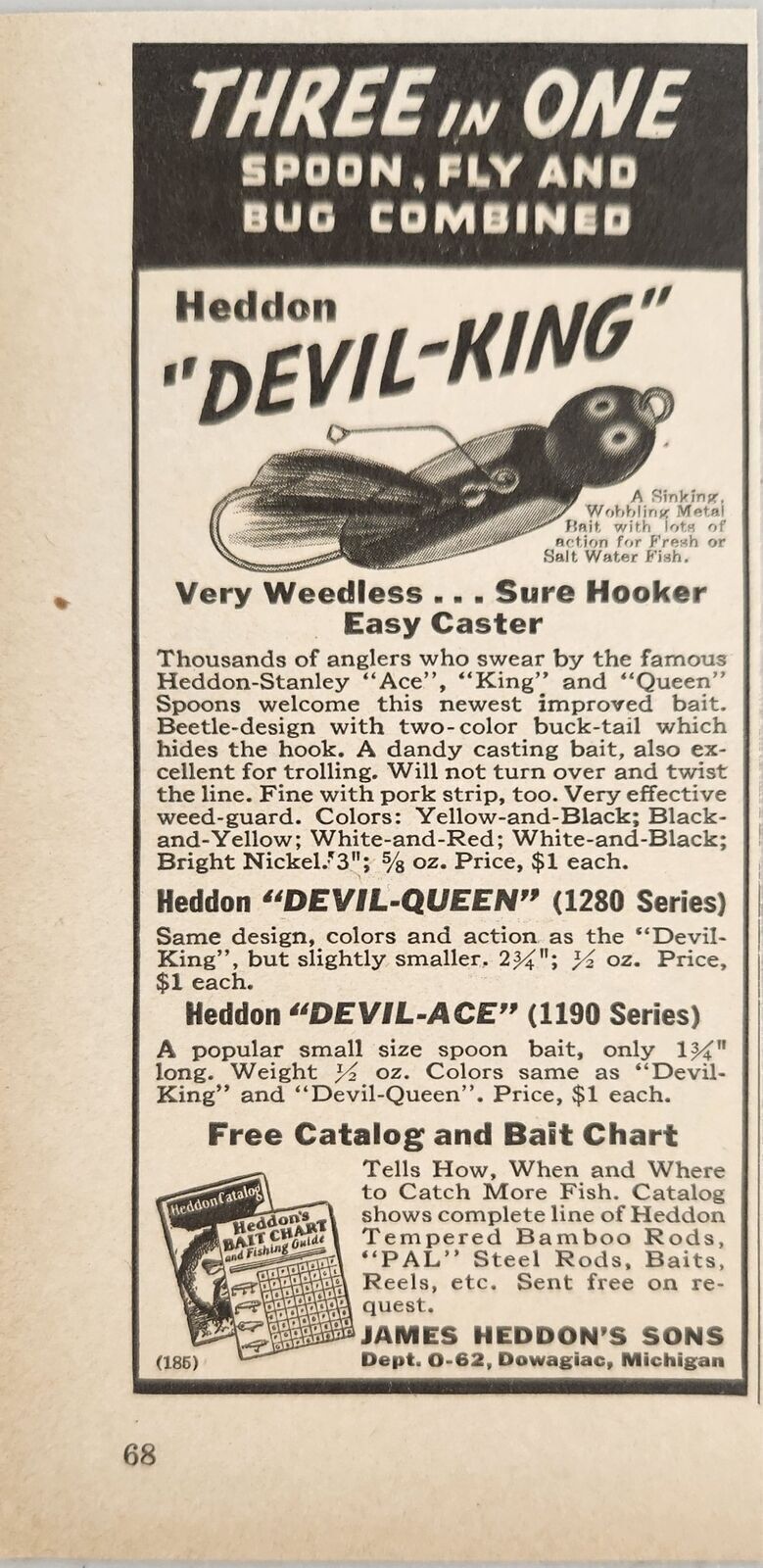 1937 Print Ad Heddon Devil King,Queen,Ace Fishing Lures Dowagiac,Michigan