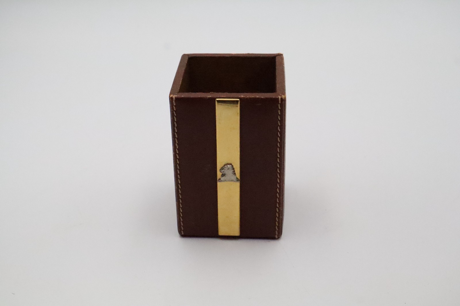 Cross Brown Leather Pen Pencil Holder Desk Cup Gold Tone Horse Head Vintage Cross Brown Leather Pen Pencil Holder Desk Cup Gold Tone Horse Head Vintage