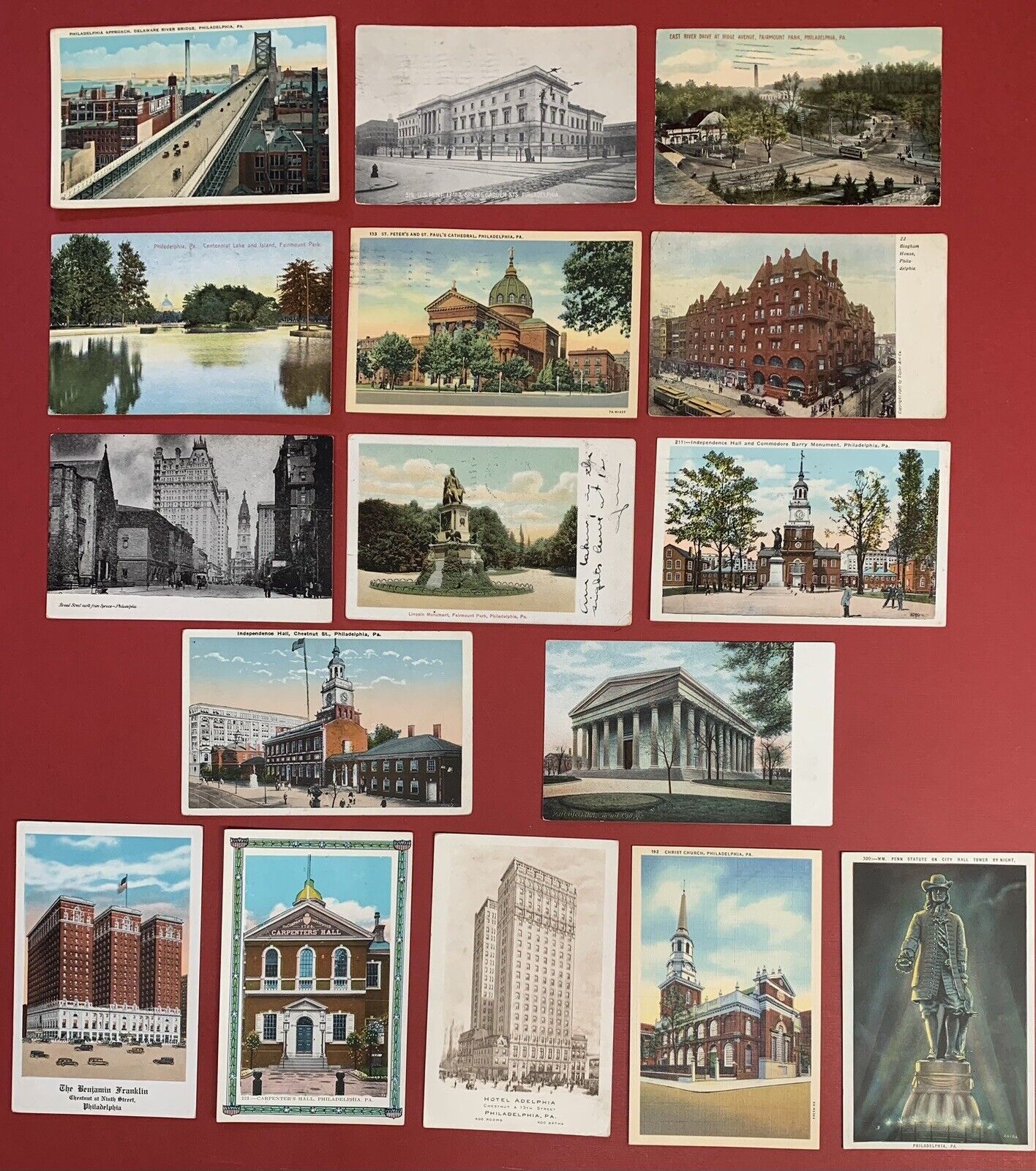 Philadelphia, Pennsylvania, Lot of 16  Different Postcards, Circa 1908-1930's