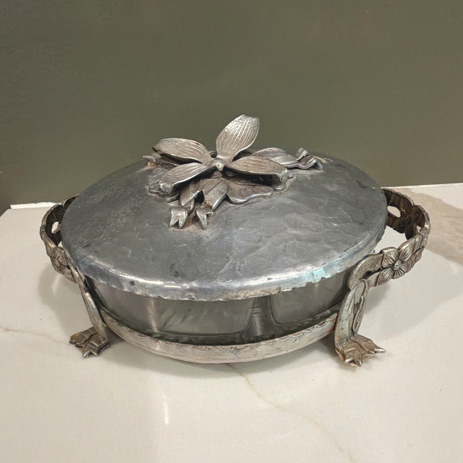 Vintage hammered aluminum 3-Compartment Divided Glass Dish w/ Stand & Lid