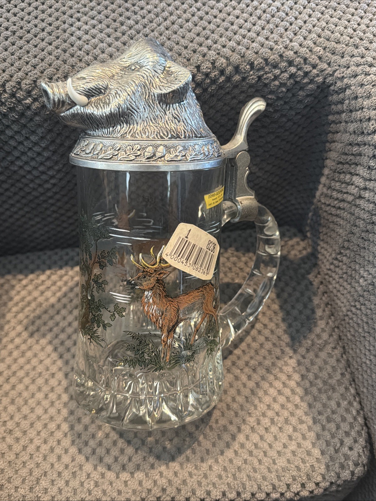 Vintage BMF German Glass Beer Stein Pewter Boar Head Lid