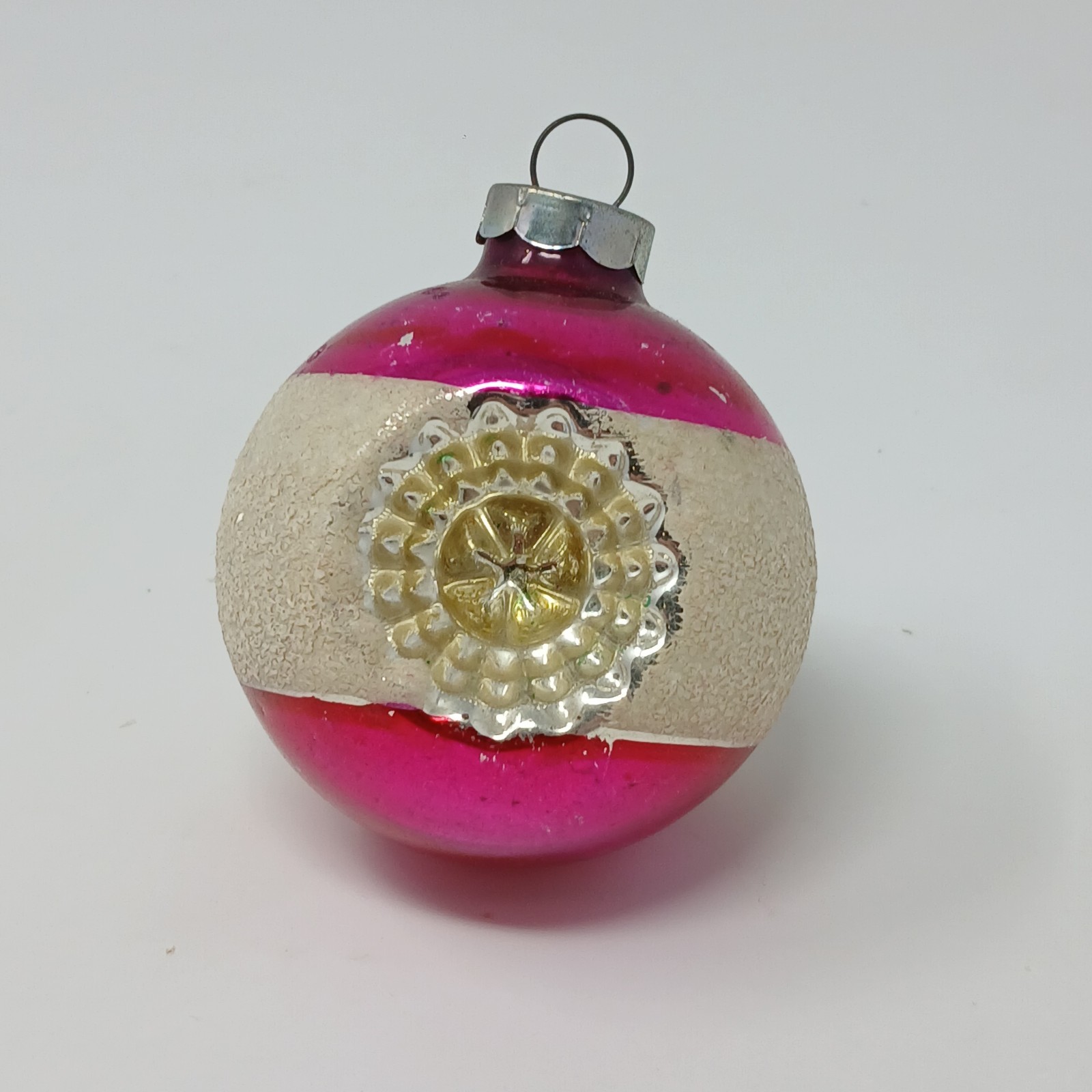 Vintage Double Indent Mercury Glass Mica Pink & White Christmas Ornament 