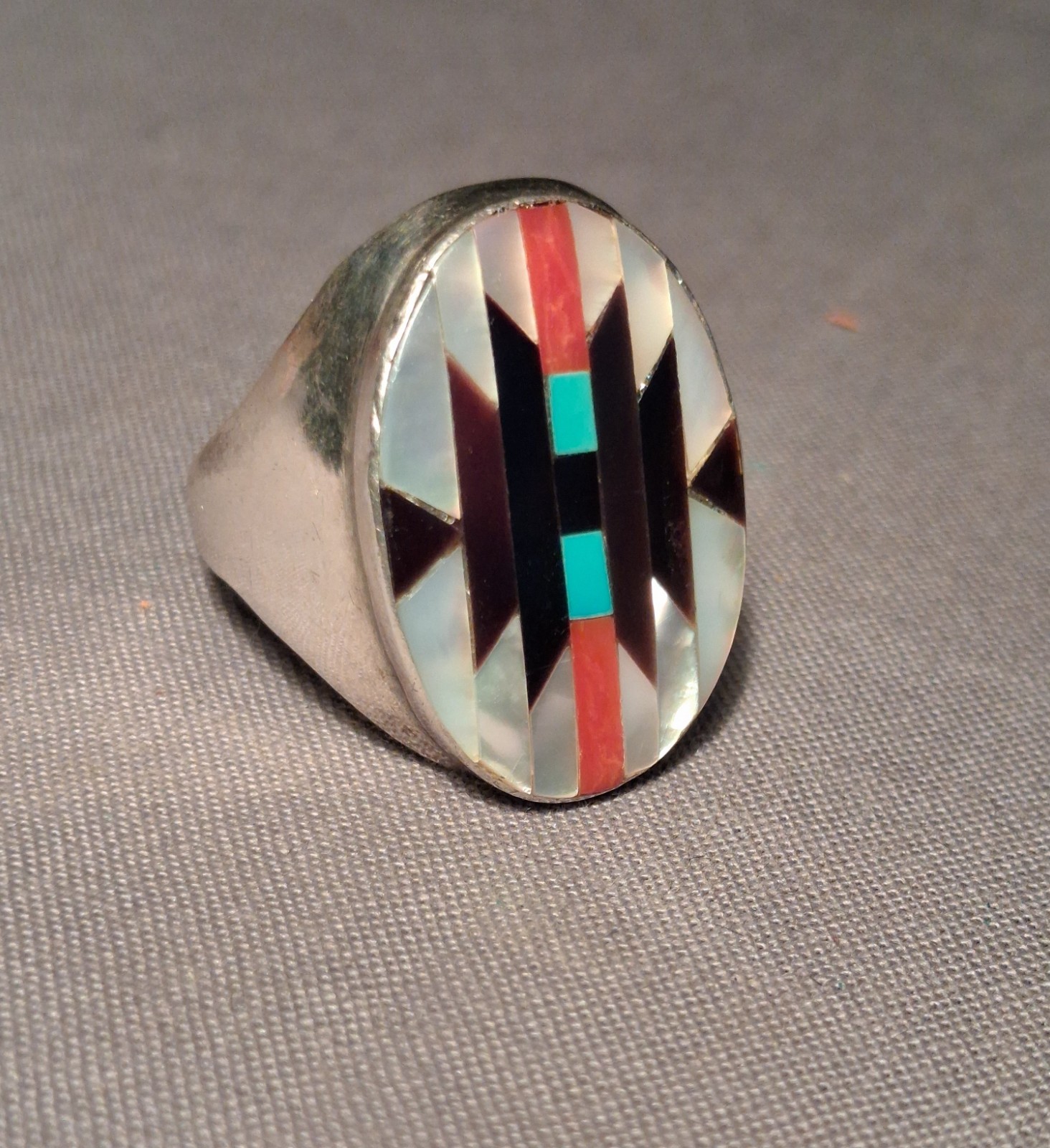 Vintage Zuni Silver & Multi Stone Inlay Men's Ring By Charlotte Dishta Size 11