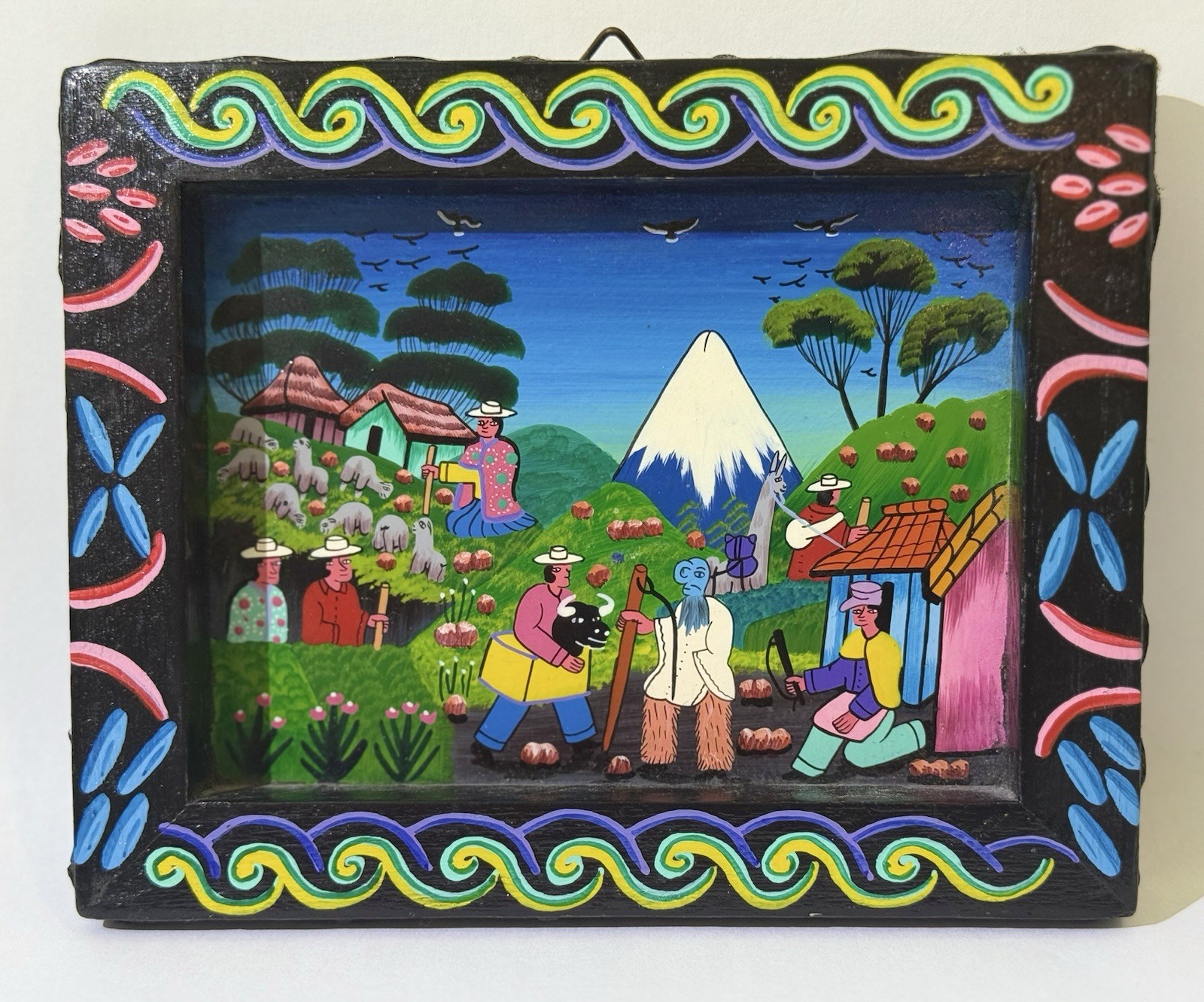 Hand-Painted Ecuadorian Tigua Art on Llama Hide – Signed Jose V.J. – Framed