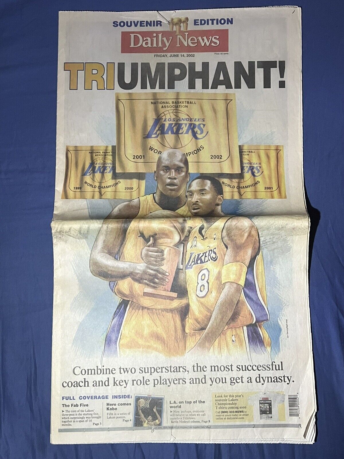 2002 LA Lakers NBA Championships 3-Peat Newspapers Daily News Souvenir Kobe Shaq