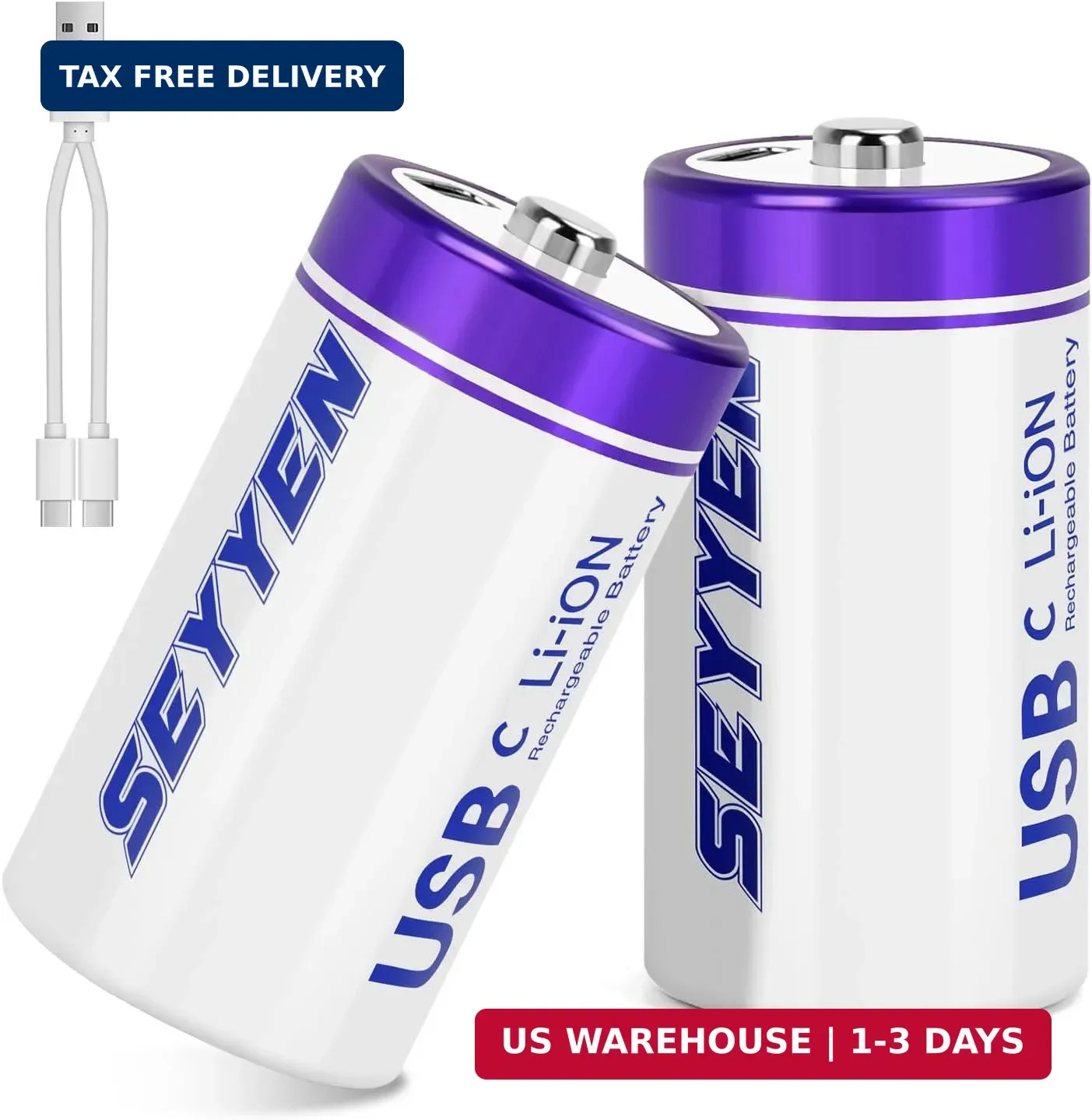 Rechargeable Lithium C Batteries 2 Pack, 1.5V C Cell Batteries with 2 in 1 USB-C
