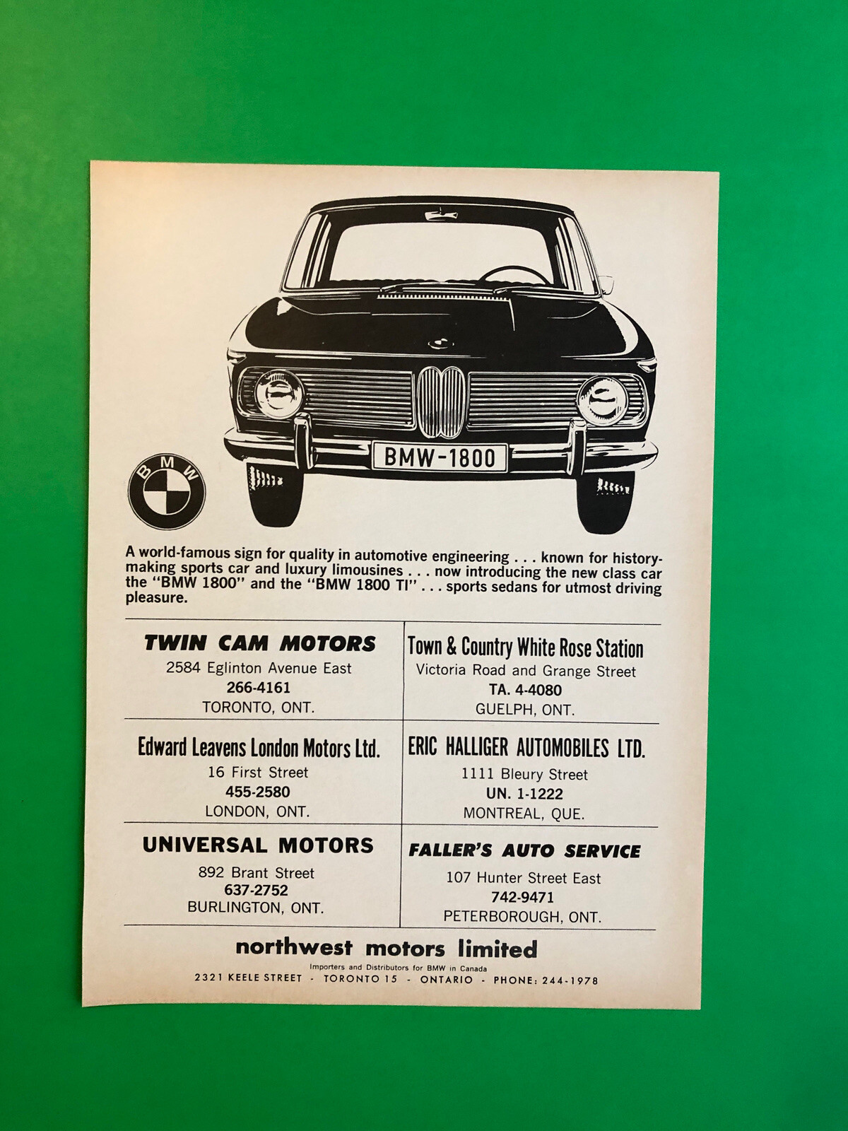 1965 BMW 1800 TI ORIGINAL VINTAGE PRINT AD ADVERTISEMENT