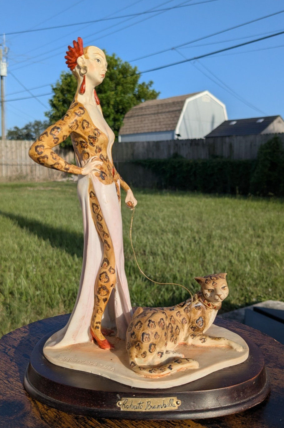 VTG Large Nuova Thea Roberto Brambilla 1986 Lady w Leopard on Leash Figurine