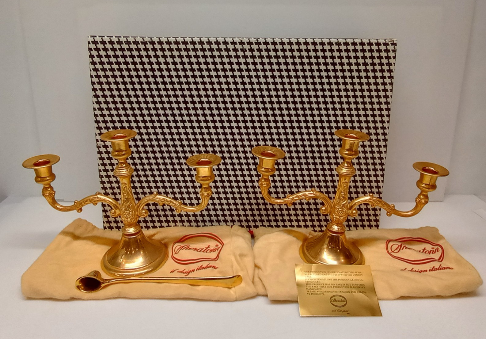 Sheratonn 24K Gold Plated Candlesticks Set Made In Italy Italian Vintage w/ Case