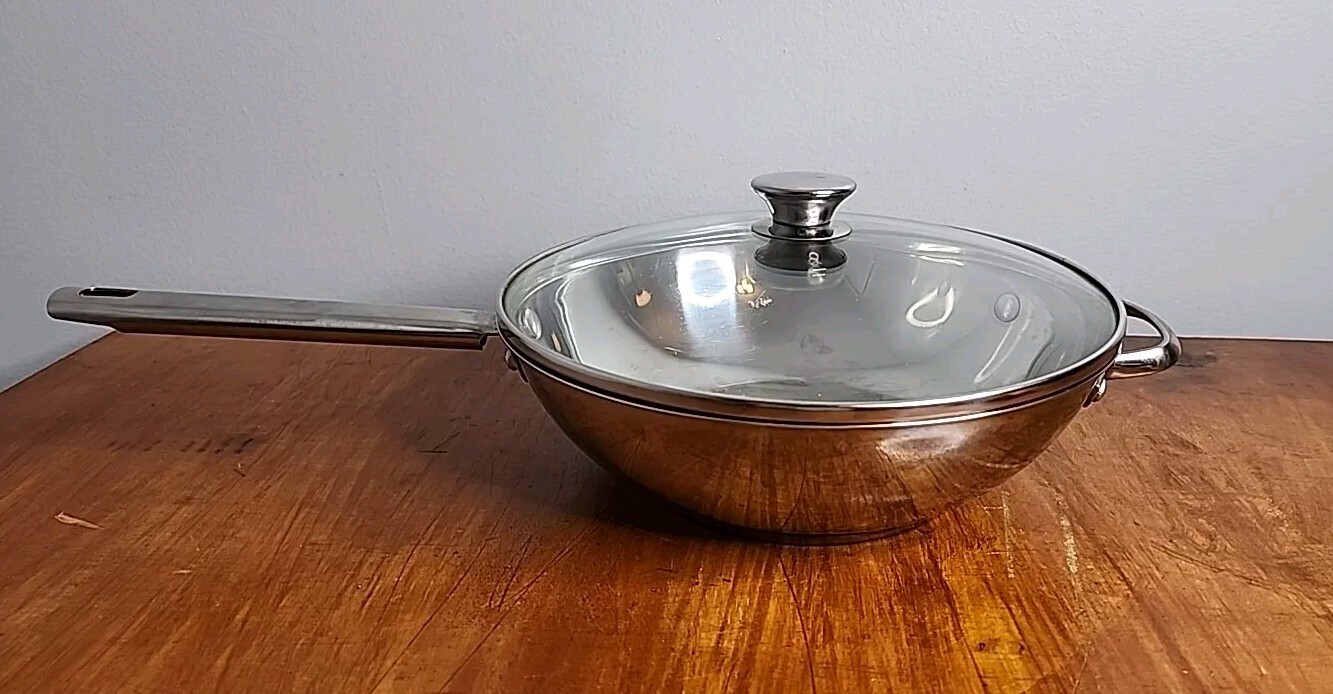 Wolfgang Puck 11” Wok Stir Fry 18/10 Stainless Steel Bistro Collection with Lid