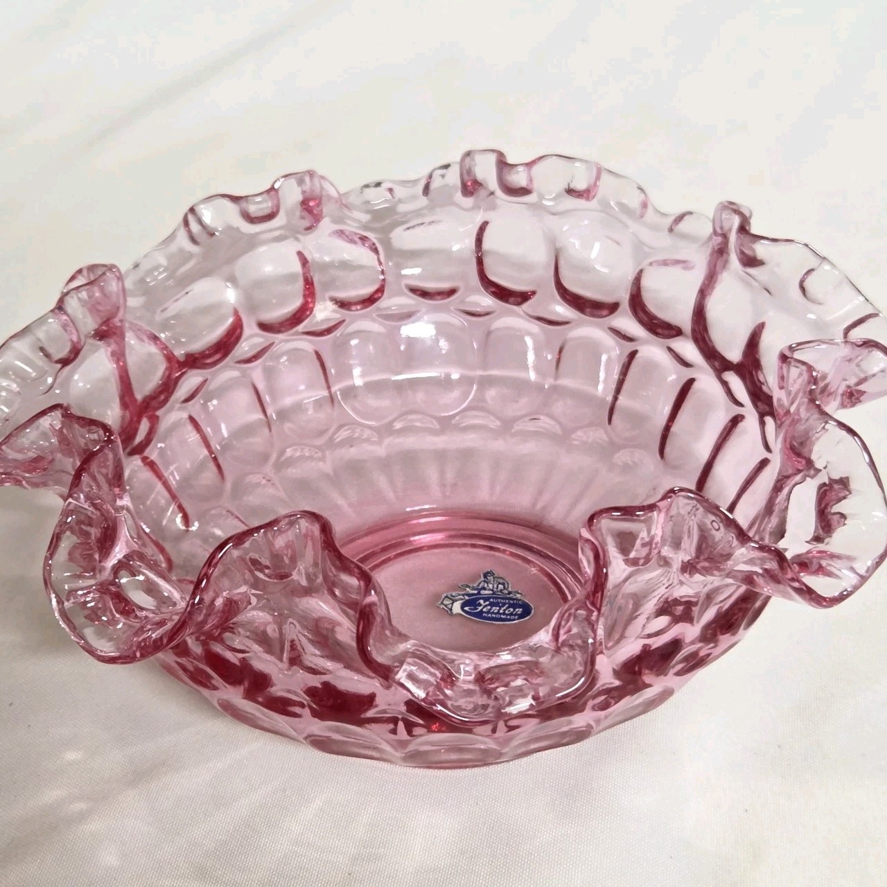 Vtg Fenton Thumbprint Colonial Pink Dusty Rose Ruffled Glass Bowl Crimped Edge 8