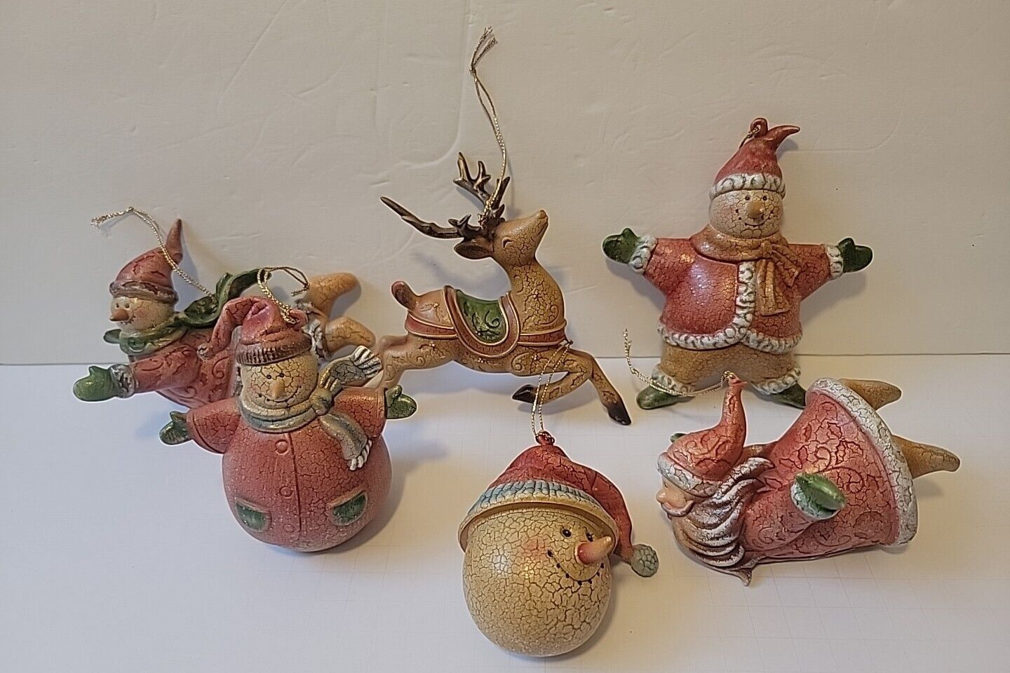 Lot of 6 Rustic Country Style Snowman Santa Reindeer Ornaments Crackle Paint