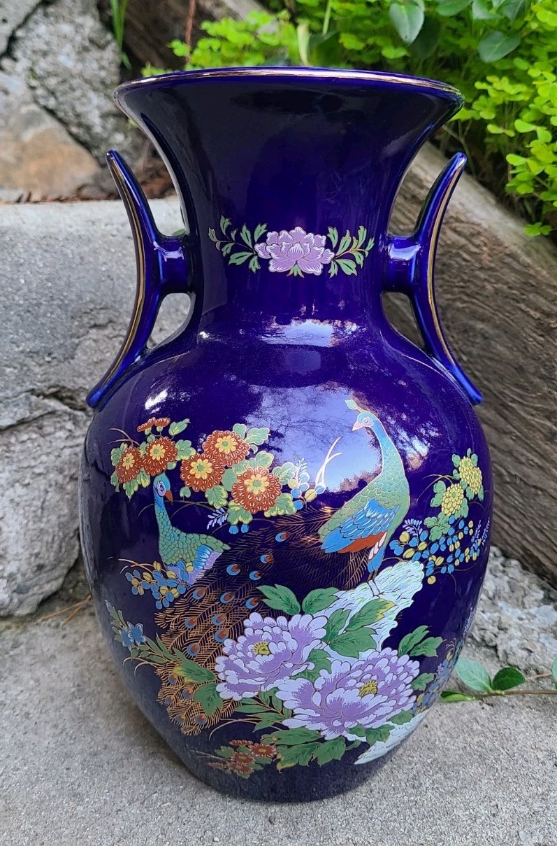 Asian Vase Cobalt Blue Gold Imari Like Peacock & Flower ” T Handle Japan 10