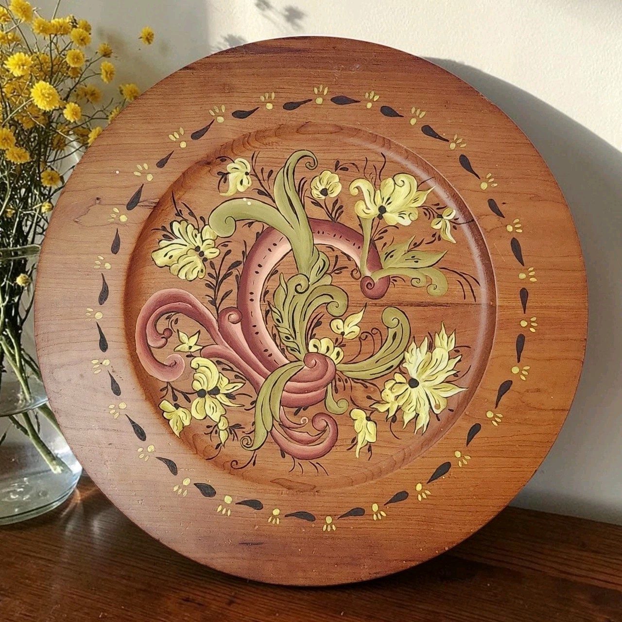 Vtg Hand Painted Norwegian Rosemaling Floral Hanging Wood Plate 14.25