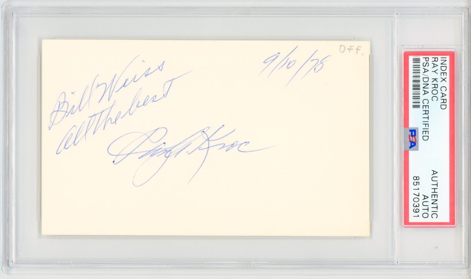 Ray Kroc (McDonald's) ~ Signed Autographed Index Card ~ PSA DNA Encased