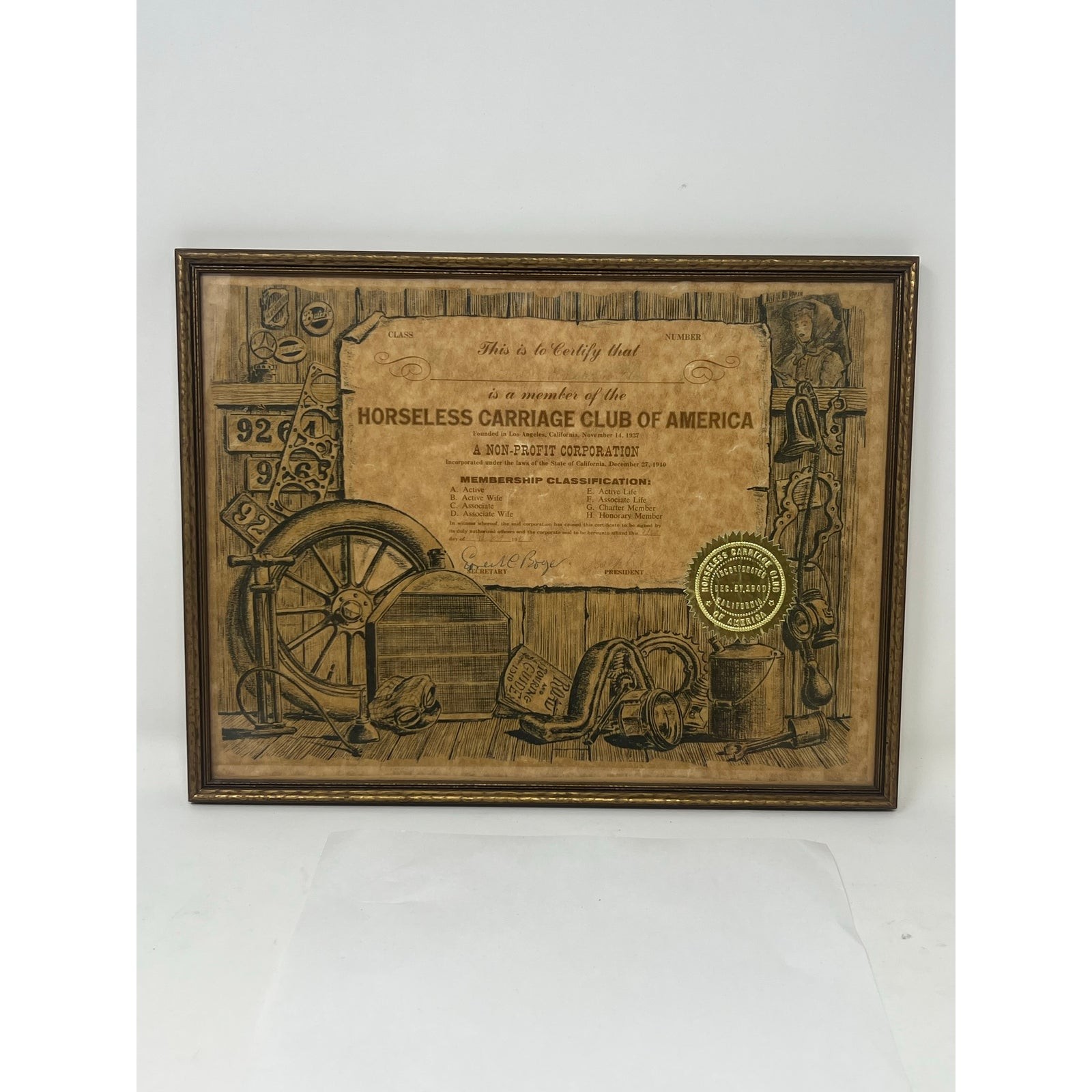 Vintage 1963 Framed Horseless Carriage Club of America Membership Certificate