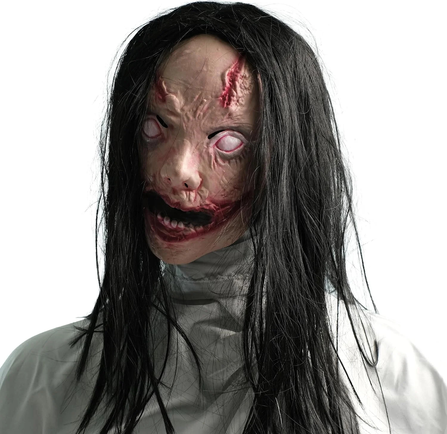 Slit-Mouthed Ghost Scary Adult Mask with Wig, White Eyed Undead Horror Creepy Lo