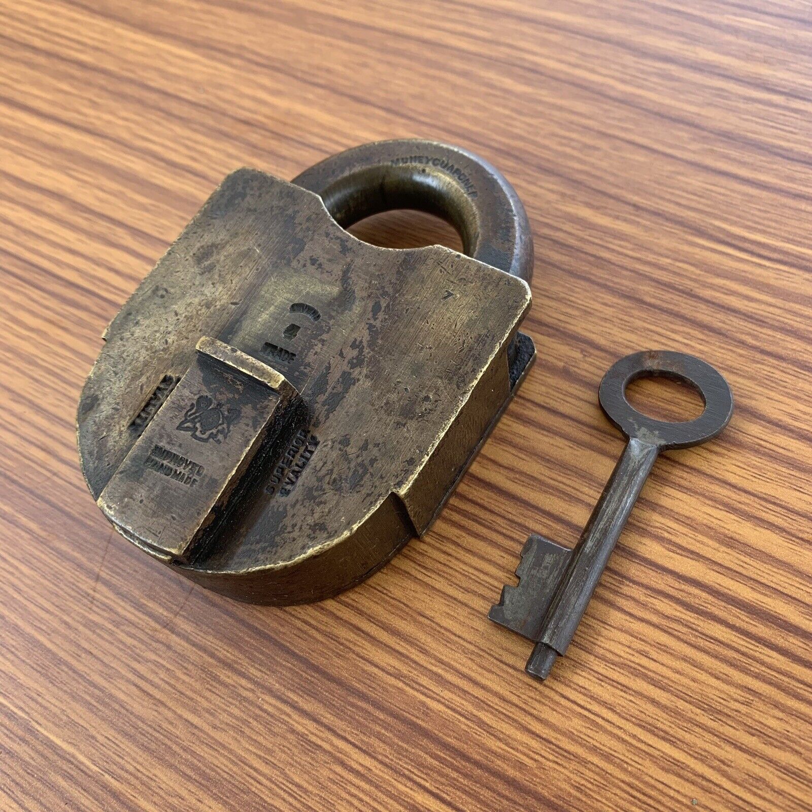 1900\'s Brass padlock or lock with key Rarest shape, old or antique, rich Patina
