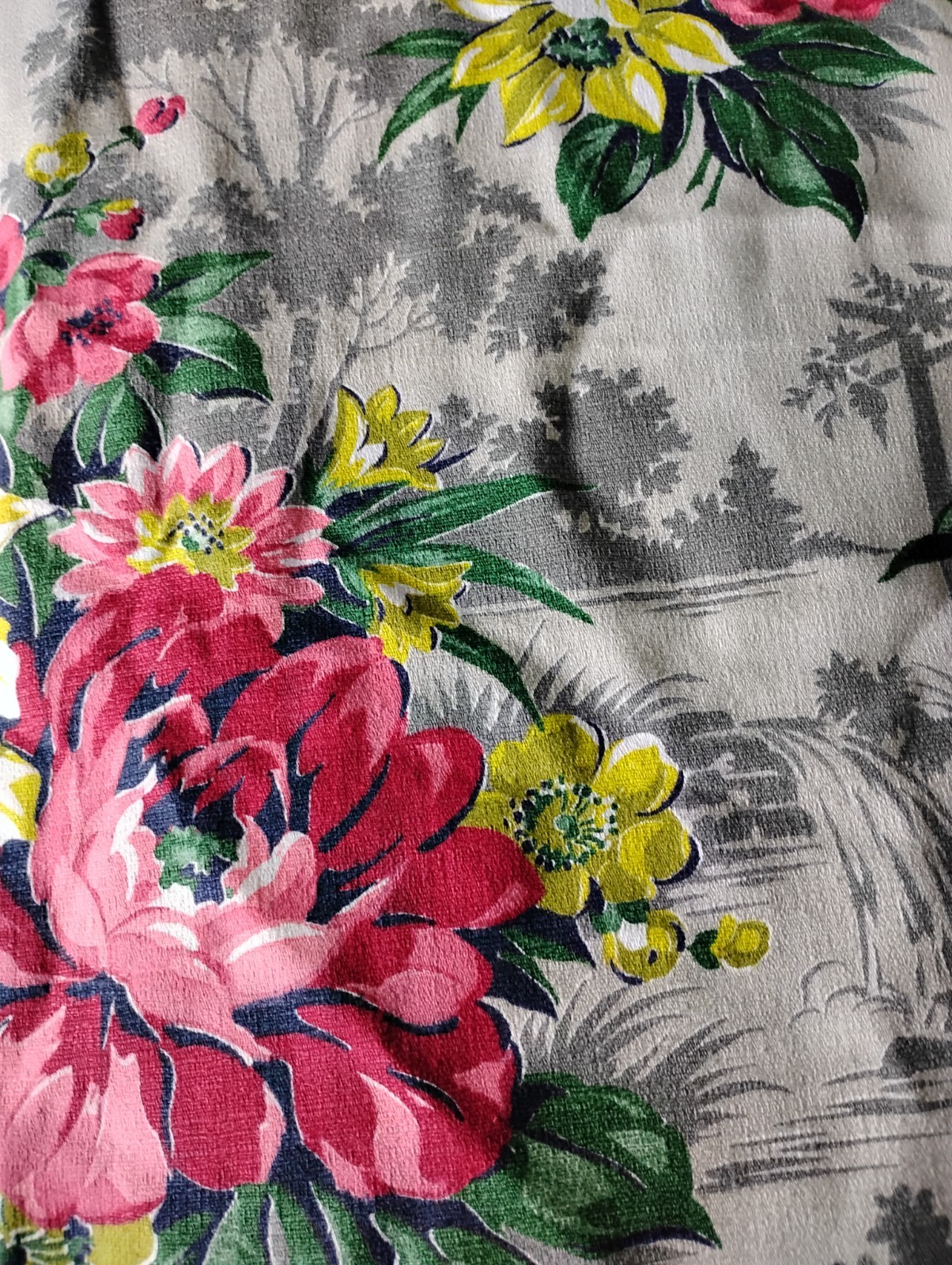 Mint NOS 1940s Barkcloth Fabric Continuous 5 Yards Waterfall Scenic Intact Tag