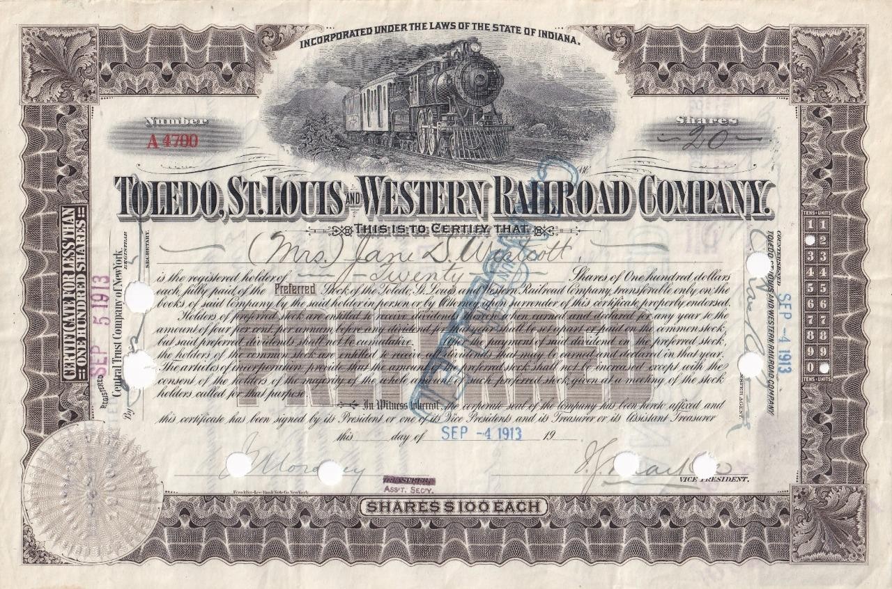1913 Toledo St Louis & Western Railway - preferred stock certificate with stamps