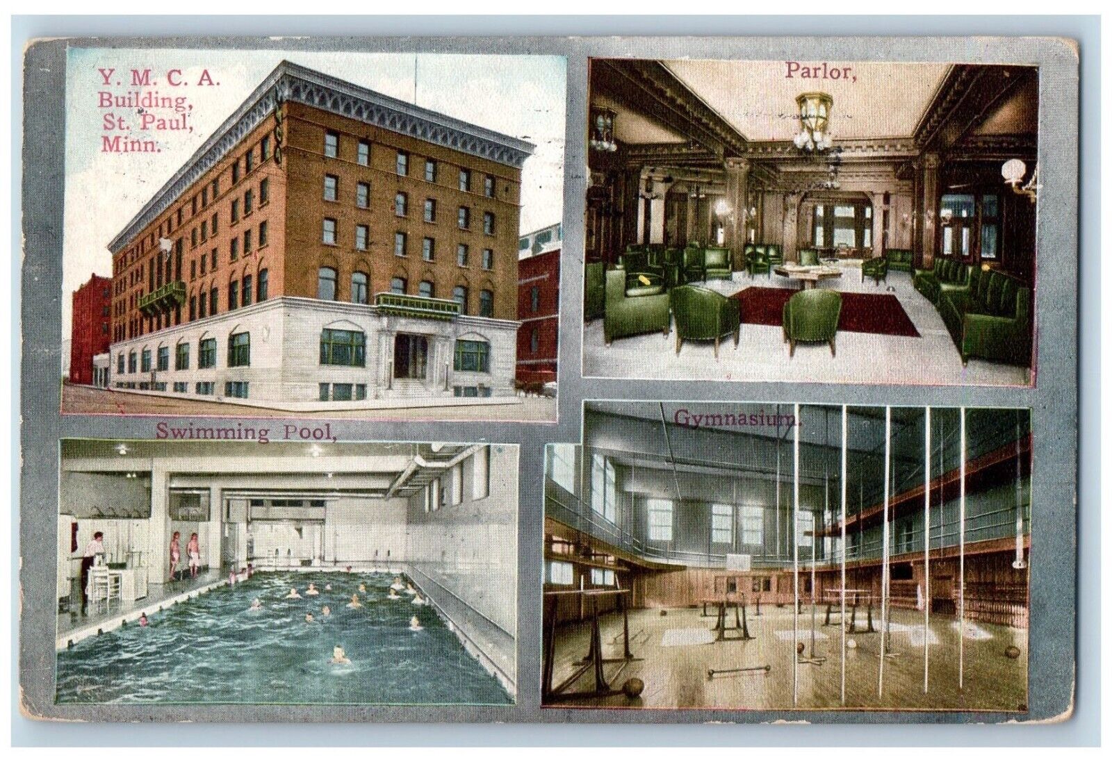 St. Paul Minnesota Postcard YMCA Building Parlor Swimming Pool Gymnasium c1914