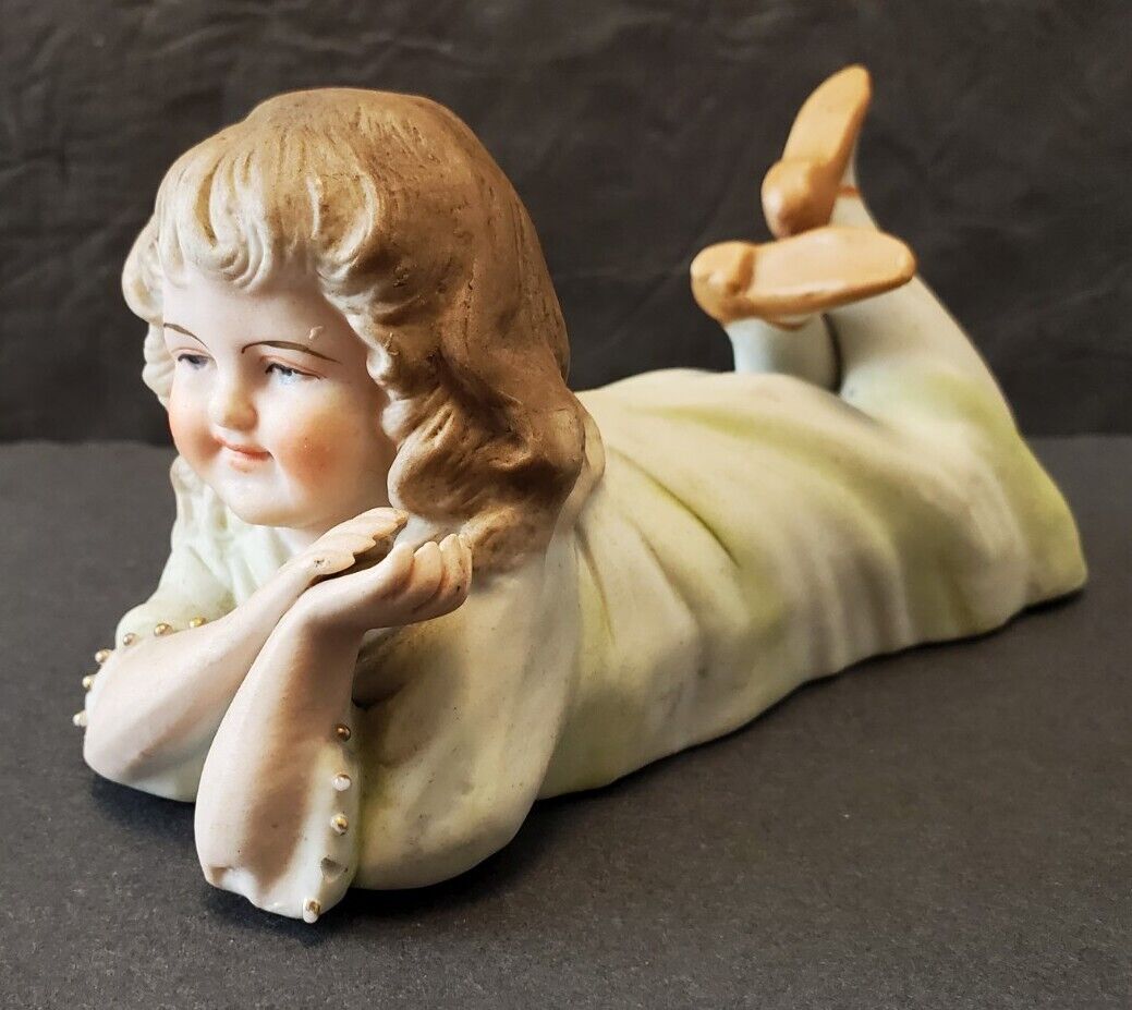 Vintage Porcelain Bisque German Piano Doll Girl Prone Figurine 