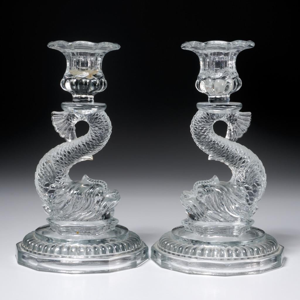 Vtg Pressed Glass Dolphin Octagonal Candlestick Candle Holder Pair 2pc Lot 8\