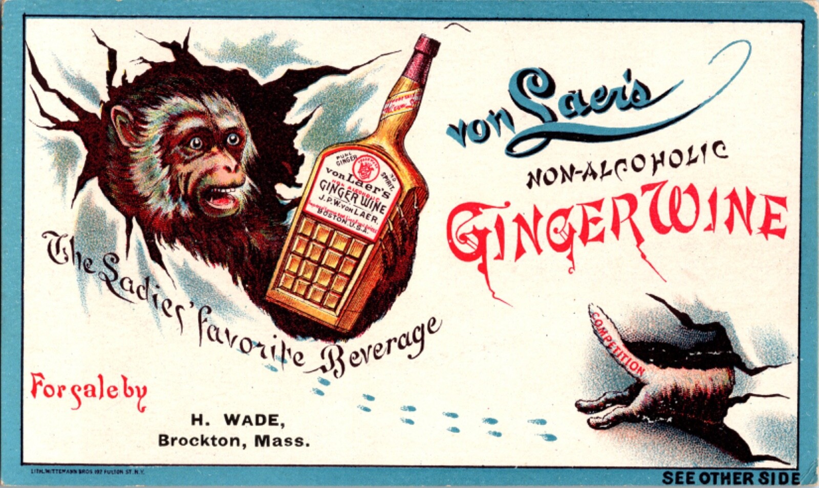 Antique Von Laer\'s  Quack Remedy Ginger Wine, Monkey, Cat, Temperance Trade Card