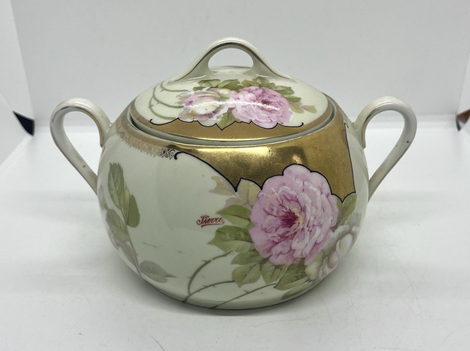 Vintage PSAG Bavaria Hand Painted Biscuit Jar Soft Pink White Roses & Lid
