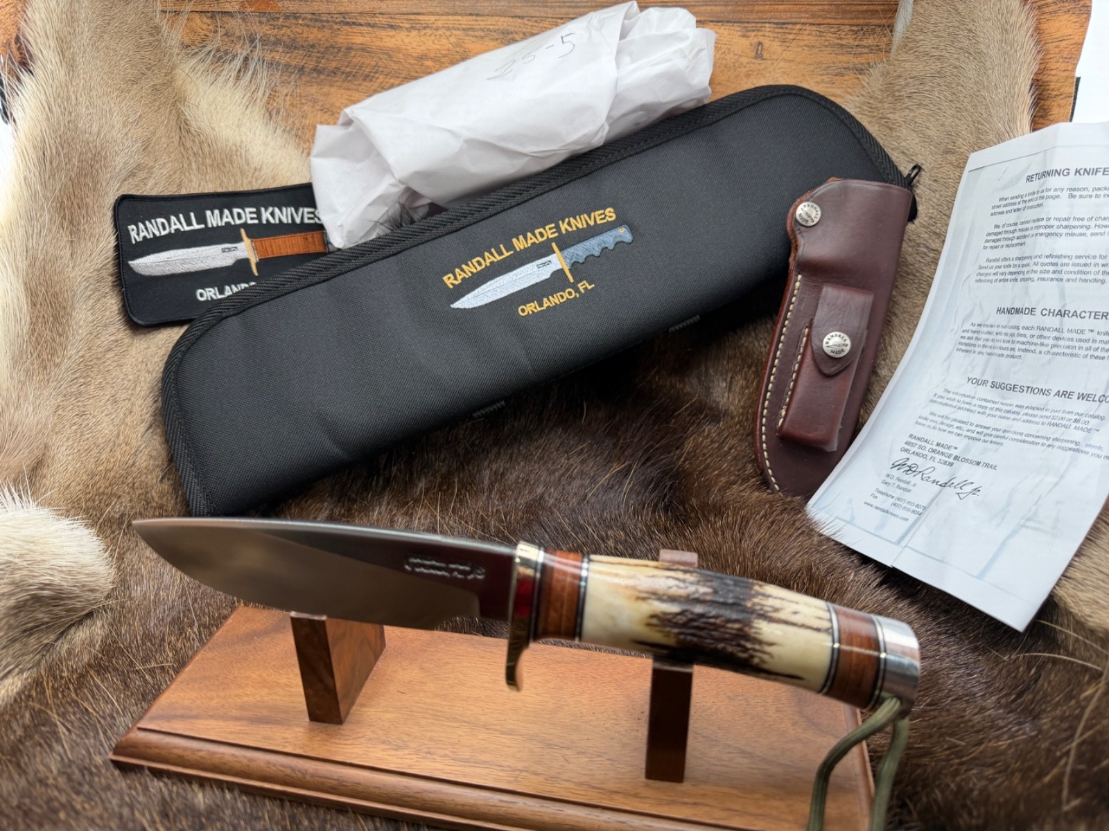 Randall Model 25-5 Trapper Knife With Stag Handles Leather Sheath Mint Pouch A1