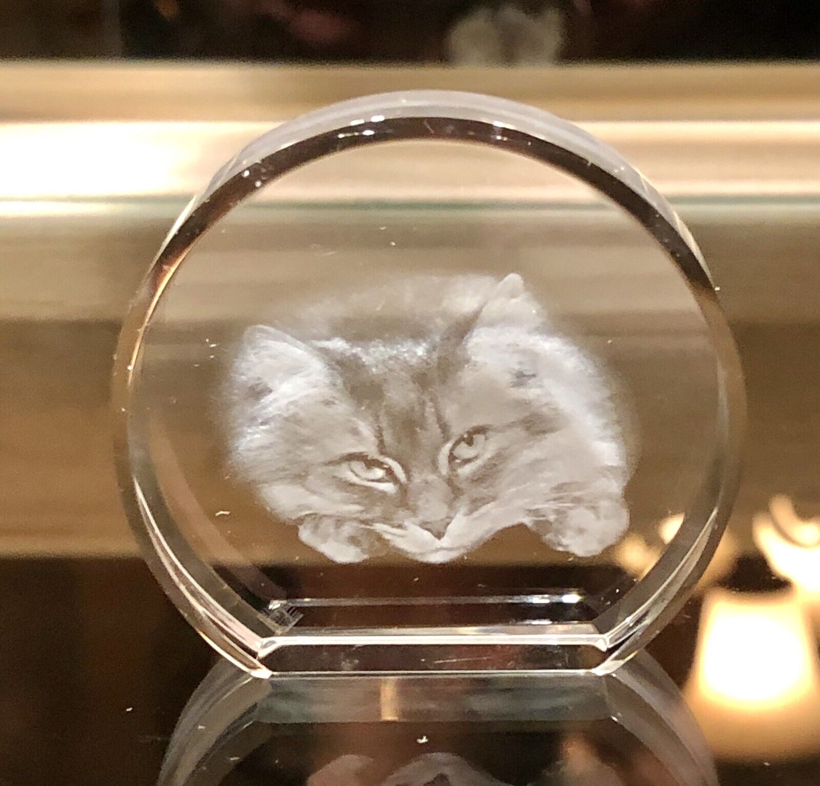 Crystal Impressions Laser Art Glass Paperweight - Cat, Made in Israel NIB MINT