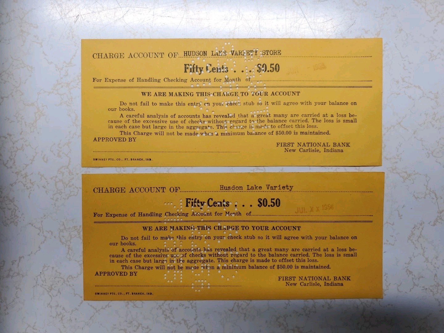 2 Vint. \'56 1st National Bank New Carlisle, IN Charge Slip Hudson Valley Variety