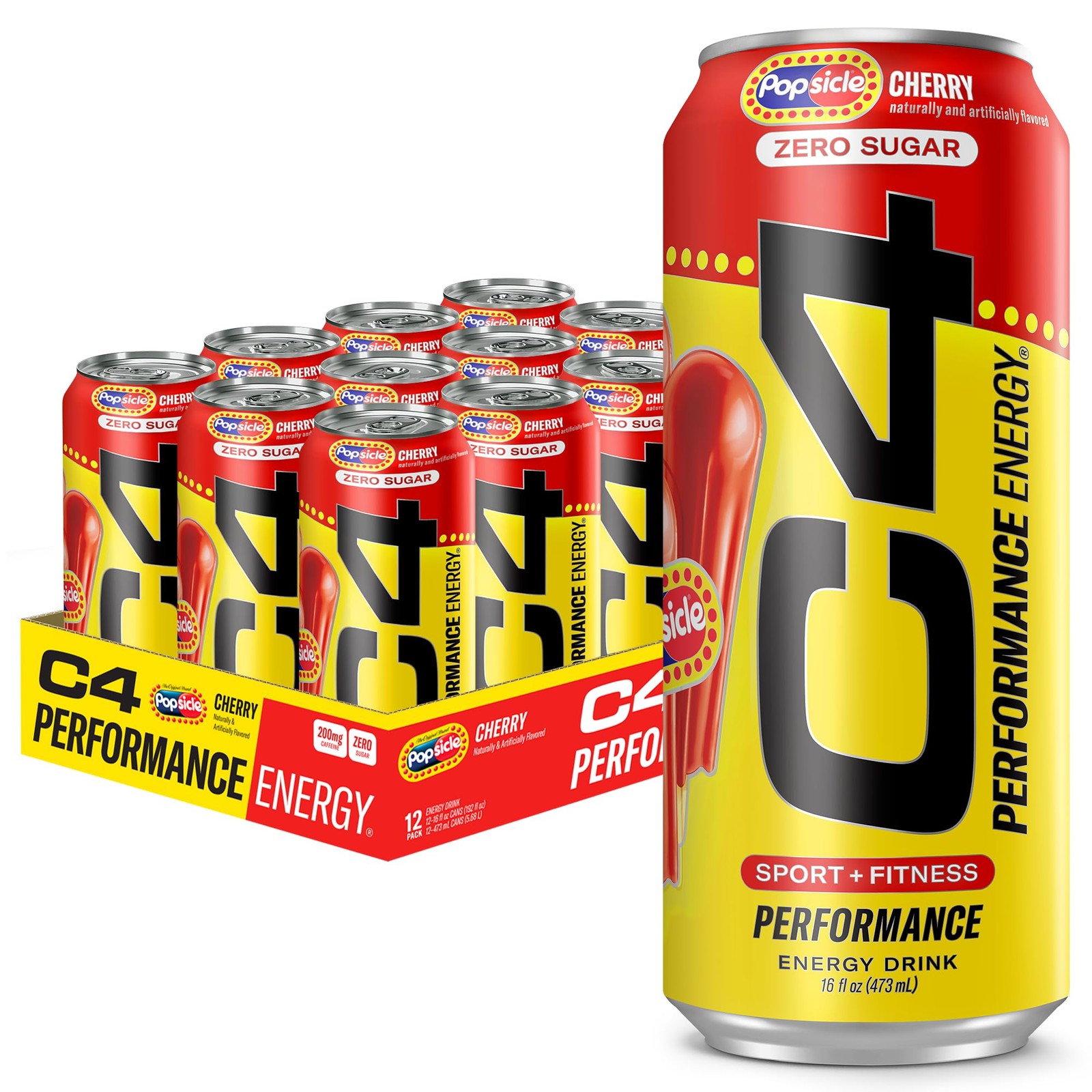 C4 Performance Energy Drink with Zero Sugar, Cherry 16 Fl Oz (Pack of 12)
