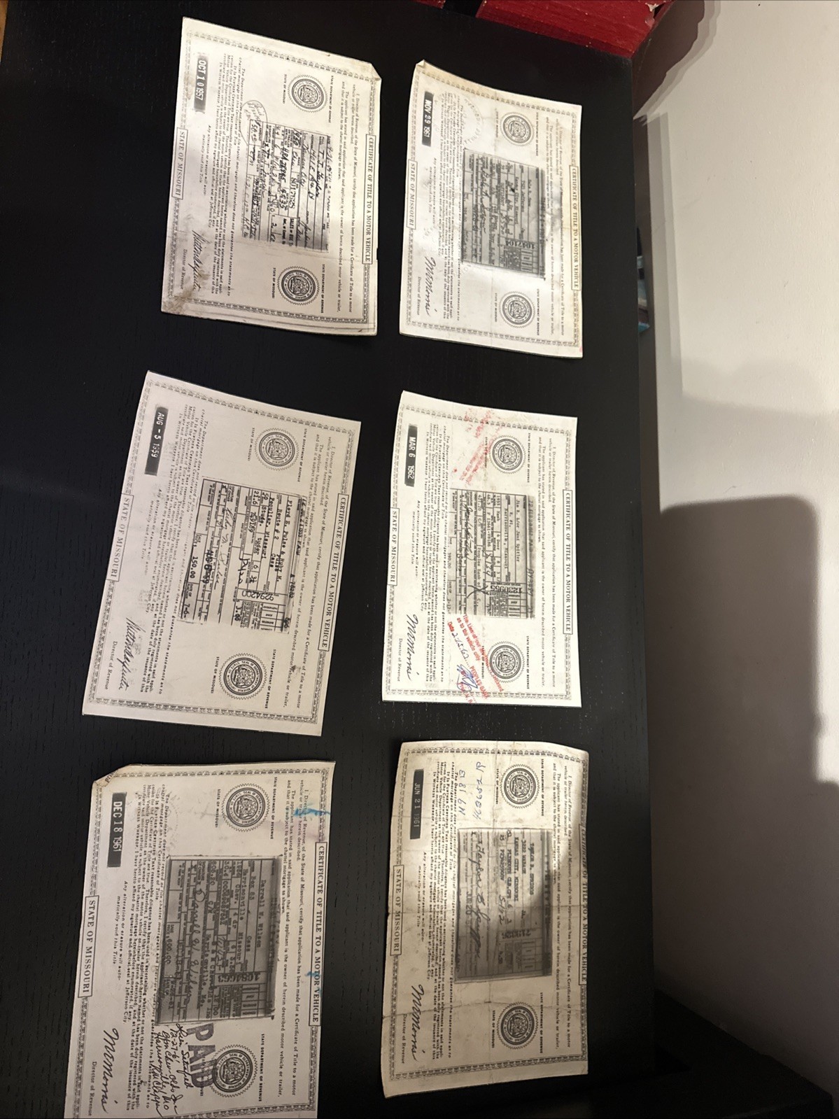 6 Vintage Missouri Certificate of Title 1950s Lot 2 Ford Chevy Nash Plymouth