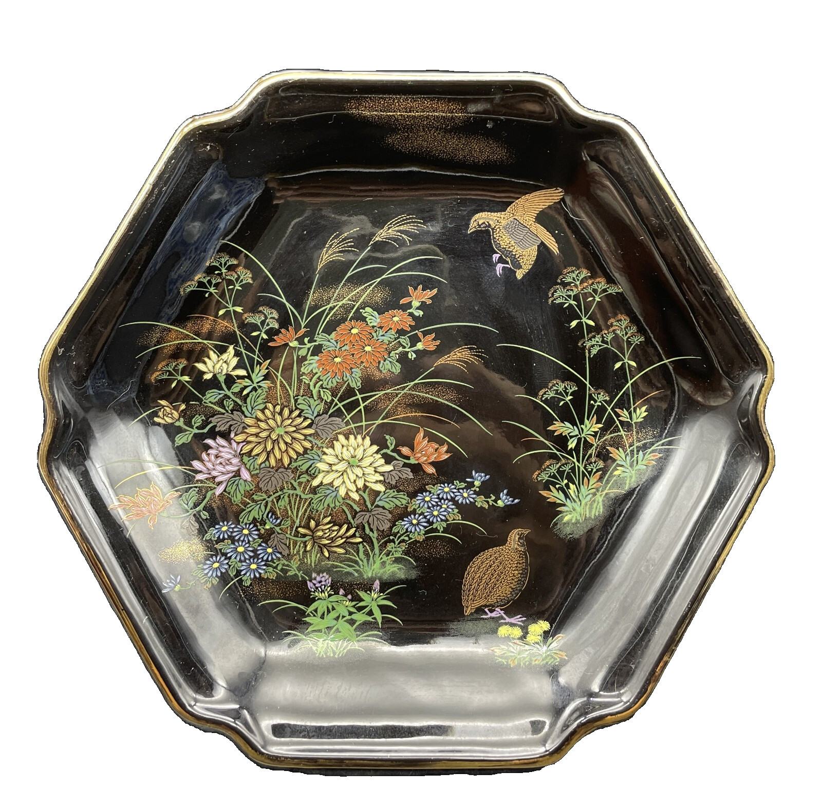 Vintage Yamaji Japan Black Floral Design Birds Porcelain Plate