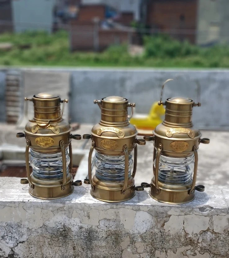 3x Vintage Nautical Ship Lantern Oil Lamps Brass Finish Maritime Lighthouse Deco