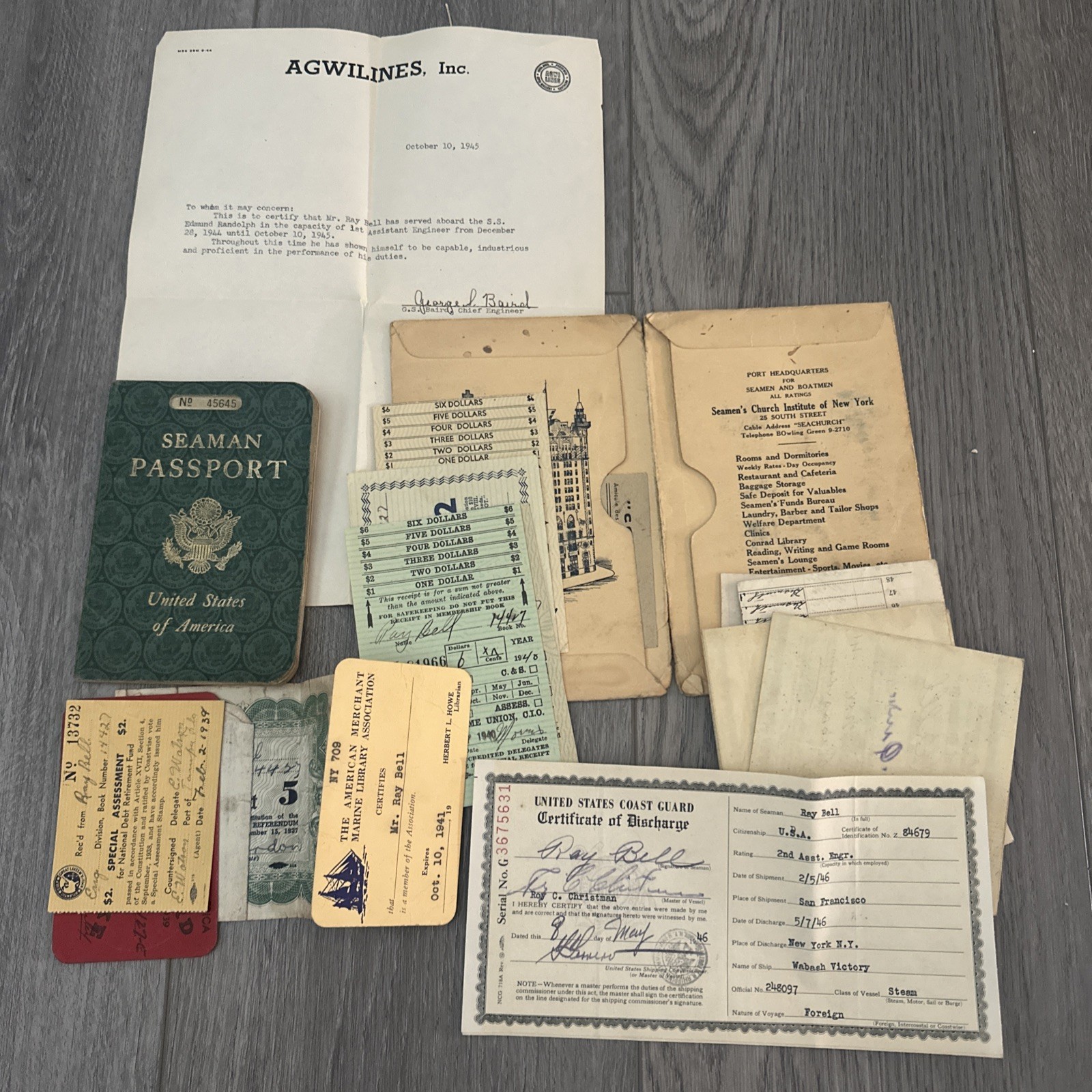1942 US Seaman Passport Navy Sep 17th WWII No 45645 M.e.b.a No. 33 Paperwork