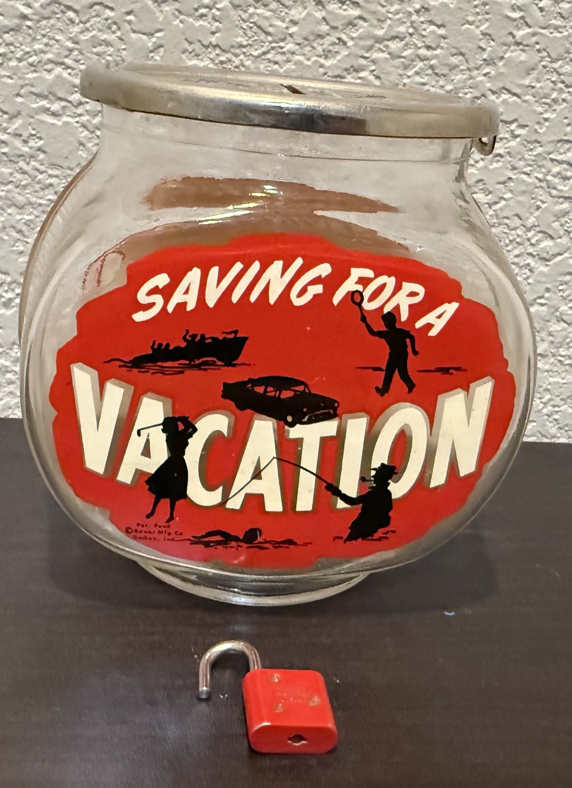 RARE HTF Vintage 1950s Bower Mfg Saving for Vacation Glass Fishbowl Bank NO KEY RARE HTF Vintage 1950s Bower Mfg Saving for Vacation Glass Fishbowl Bank NO KEY