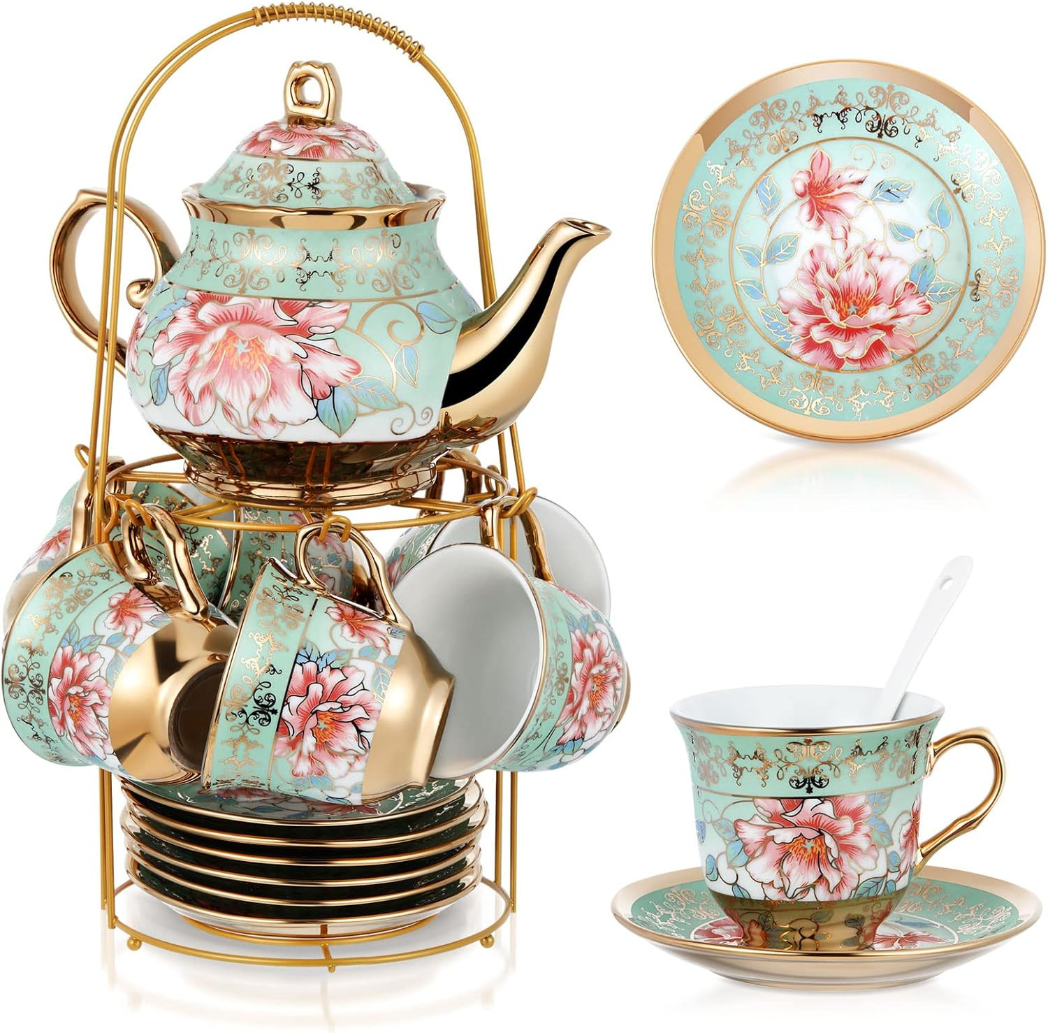 Zhehao 20 Pcs Porcelain Tea Set with Metal Holder and Spoon Adult Ceramic Tea Se
