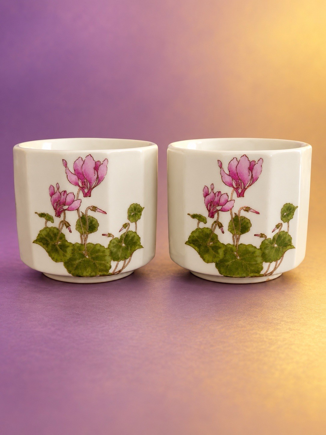 Otagiri Japan Cyclamen Floral Porcelain Cups Set of 2 Vintage Pink Green
