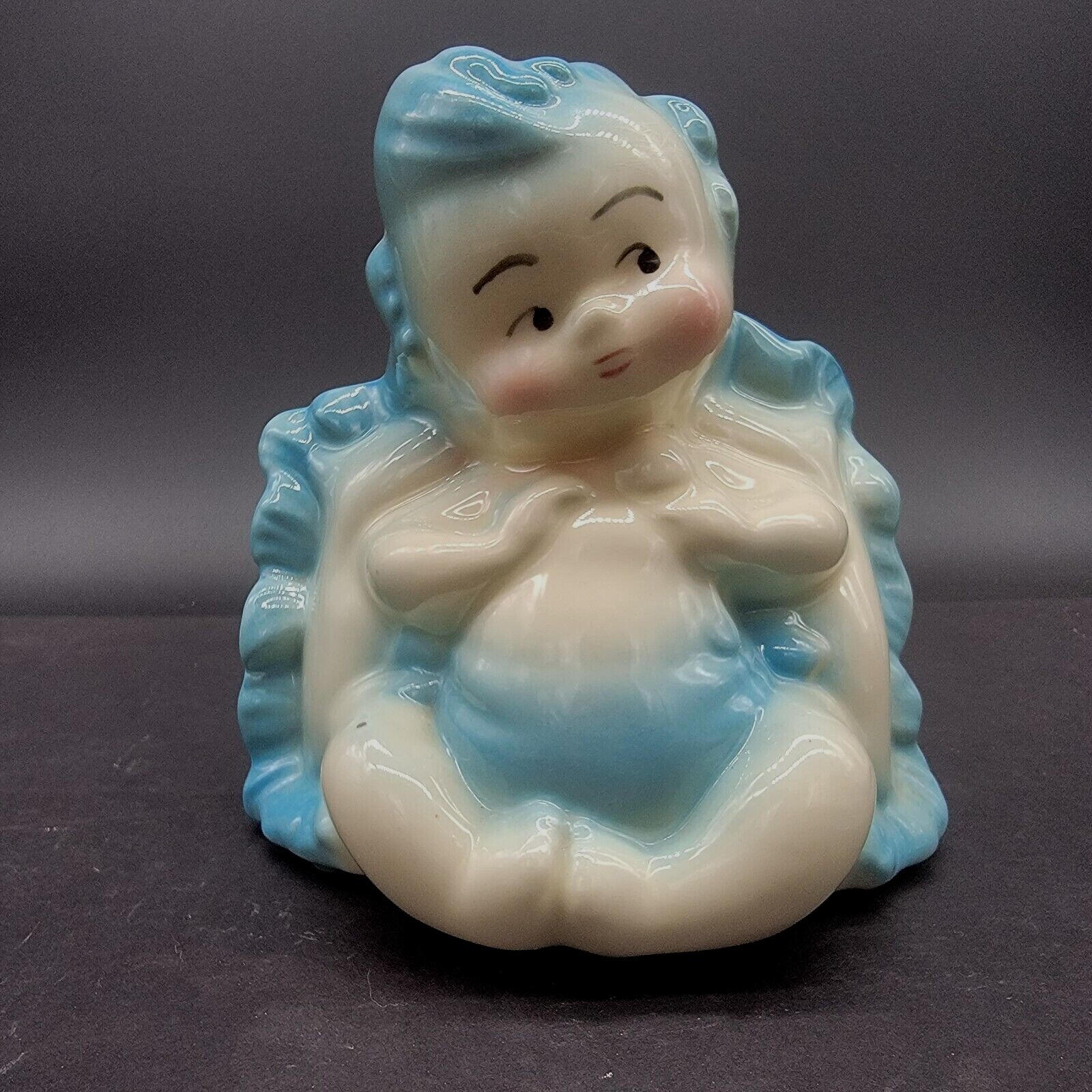 Vintage Hull Blue Glossy Ceramic Baby on Pillow Planter Nursery Vase 5 1/2