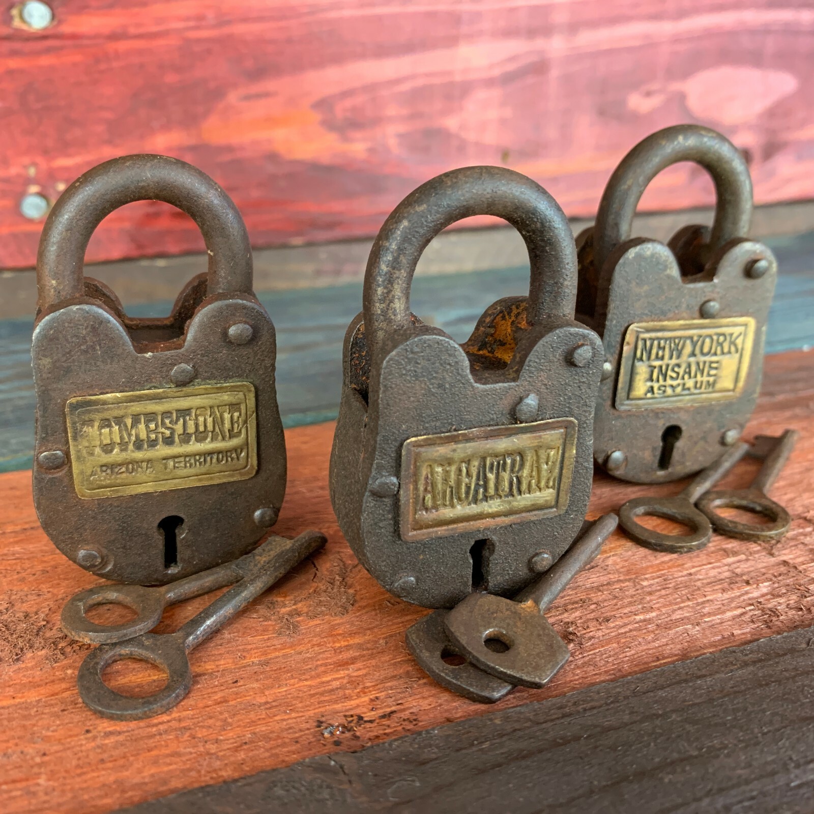 Alcatraz, New York Insane Asylum, Tombstone Cast Iron Locks (3), Antique Finish