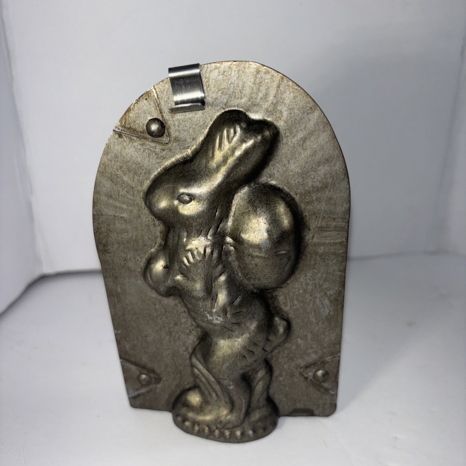 Vtg 2 Pc Tin Chocolate Candy Mold with Clip Standing Bunny Rabbit Side Profile