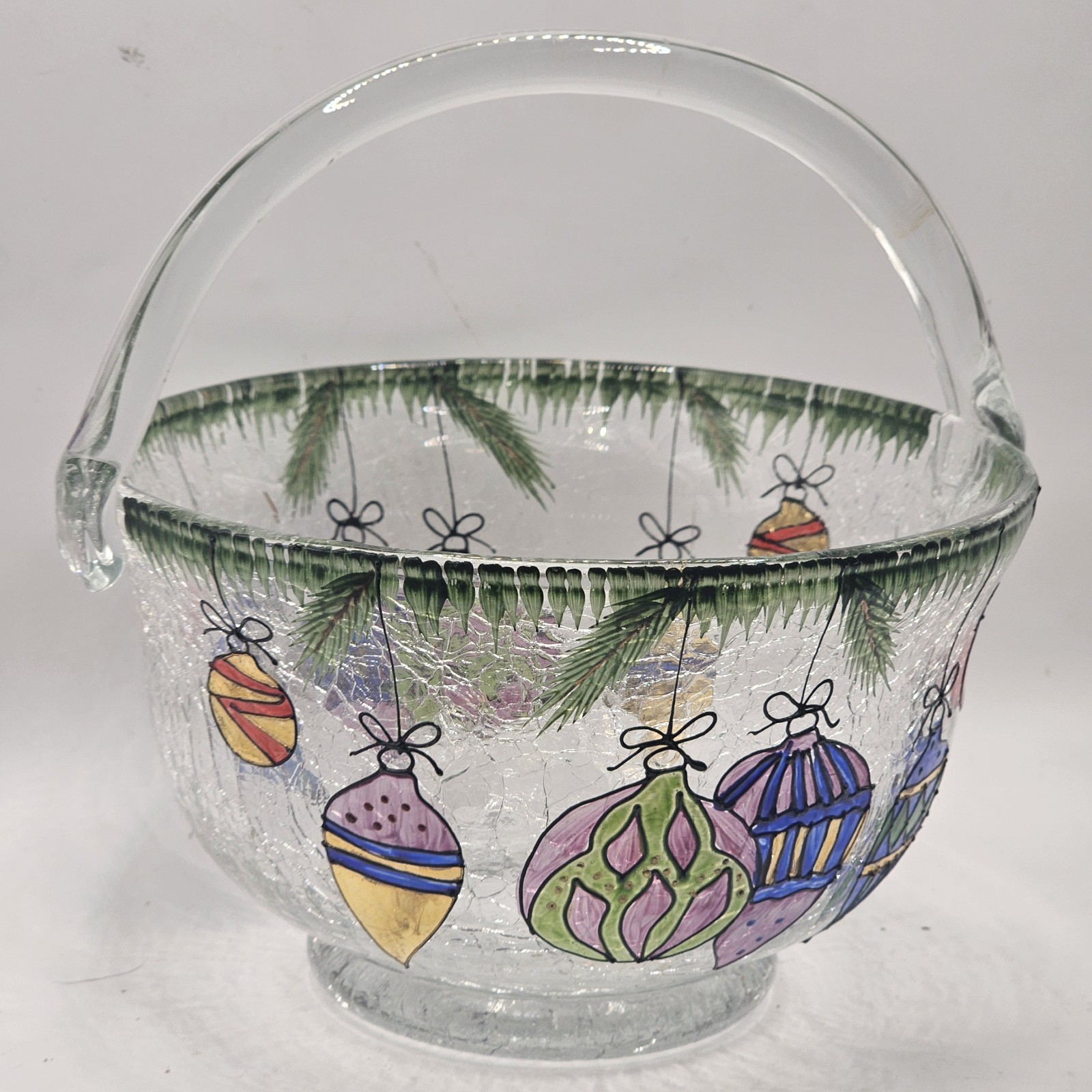 Crystal Crackle Glass Christmas Basket Bowl Fifth Avenue Hand Painted Romania
