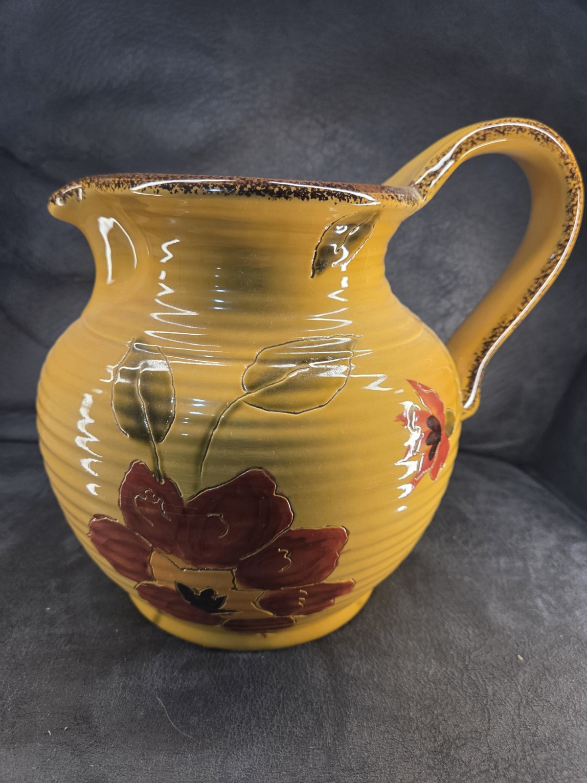 Yellow Ceramic Floral Pitcher Beehive Ribbed Flower Vase Tuscan Country Flawed
