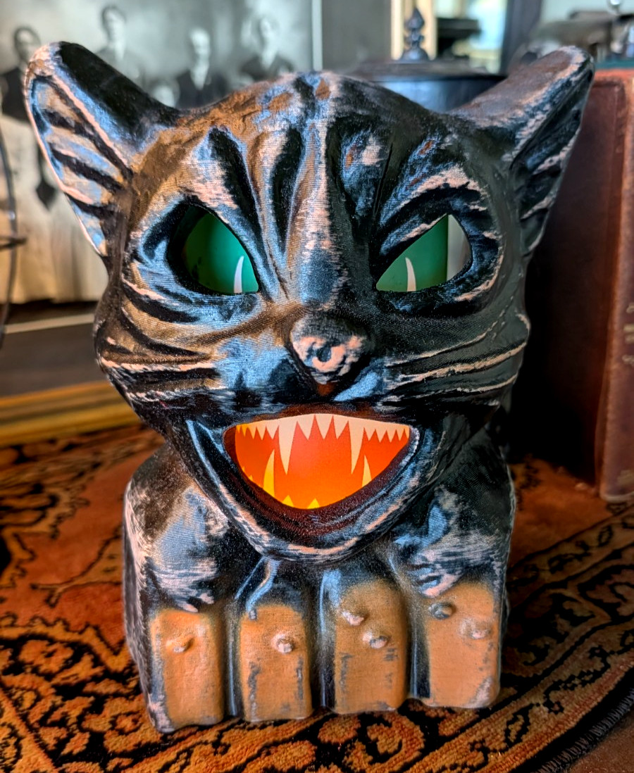 Paper Mache style Halloween Black Cat on a Orange Fence lighted Lantern 7.5 Paper Mache style Halloween Black Cat on a Orange Fence lighted Lantern 7.5